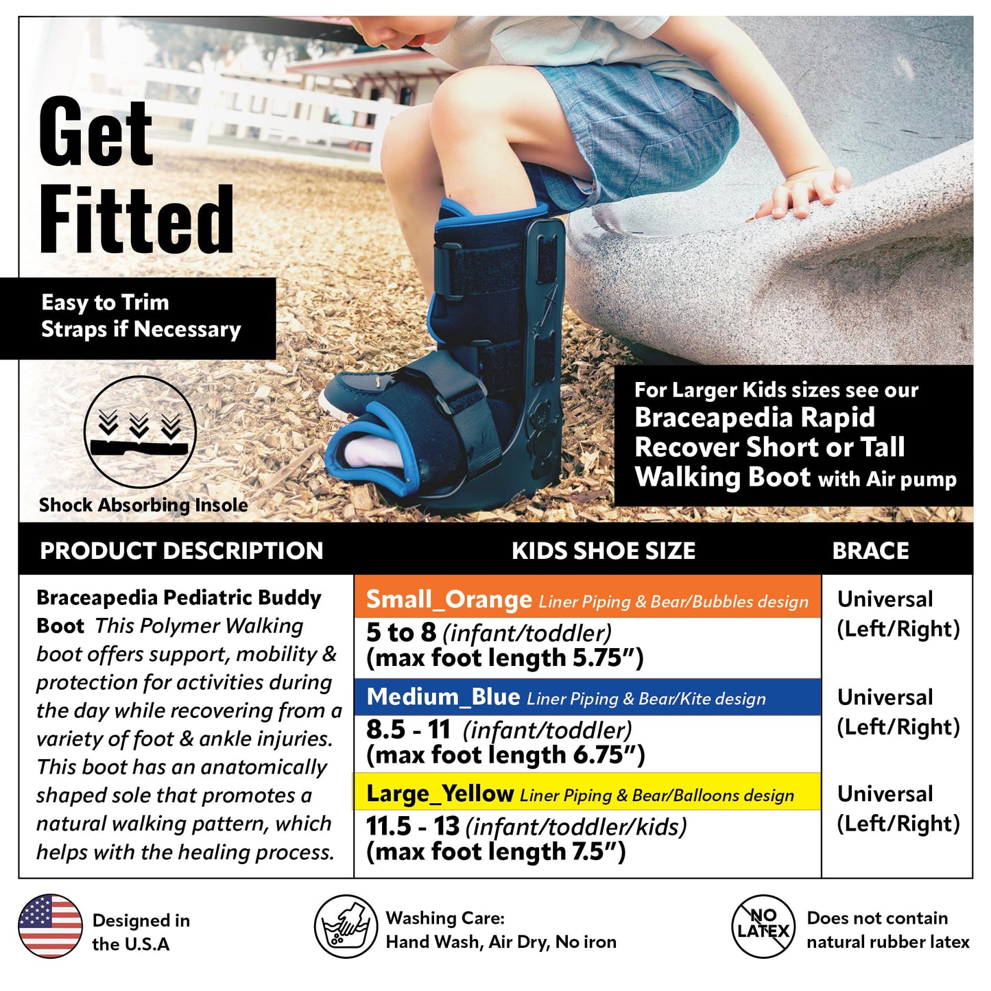 Braceapedia Pediatric Buddy Boot, Kids Medical Grade Left/Right Foot & Ankle Support Brace, Sprain & Injury Recovery Walker Boots, Kids Ankle Brace for Sports and Recovery, Large Yellow Liner, Black