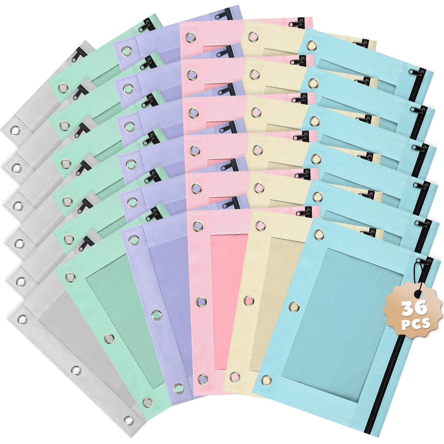 Lanpn 3 Ring Binder Pouch Bulk 36 Pack, Pencil Case with Binder Holes, Aesthetic Pencils Pouches, Zipper Pen Bags Holder for Kids Boy Girl School Student Storage, Clear Window & Reinforced Grommets