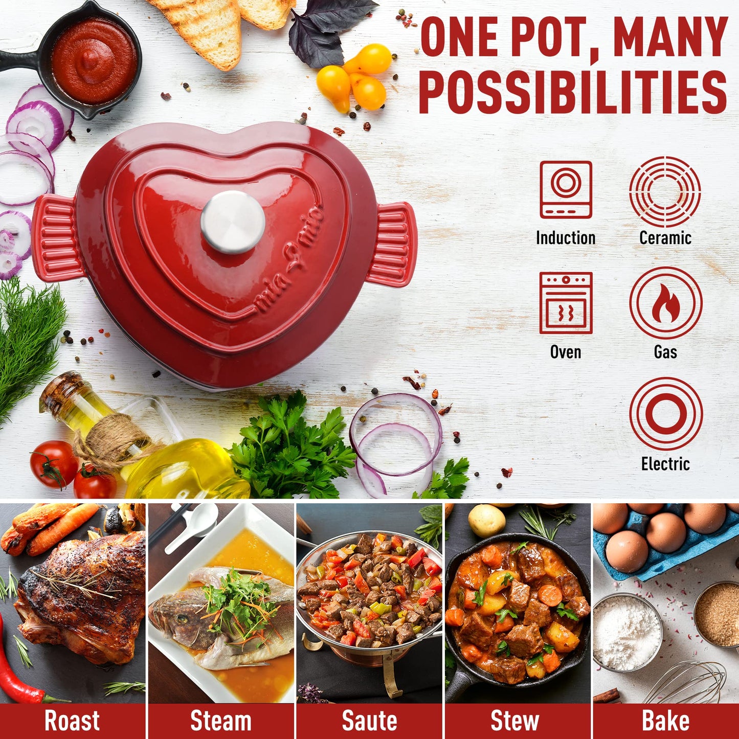 MIAMIO - Enameled Cast Iron Dutch Oven in Heart Shape Non Stick Pot/Gift for Christmas, Suitable for all Heat Types + Oven (3 L, 24 cm)