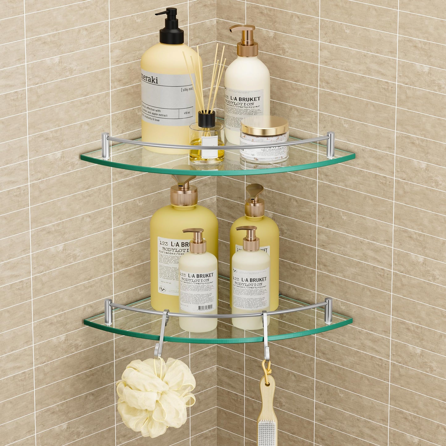 KES Bathroom Glass Shelf 7mm Tempered Glass Corner Shelves with Rustproof Rail SUS304 Stainless Steel Brushed Wall Mounted 2 Pack, BGS2101A-2-P2