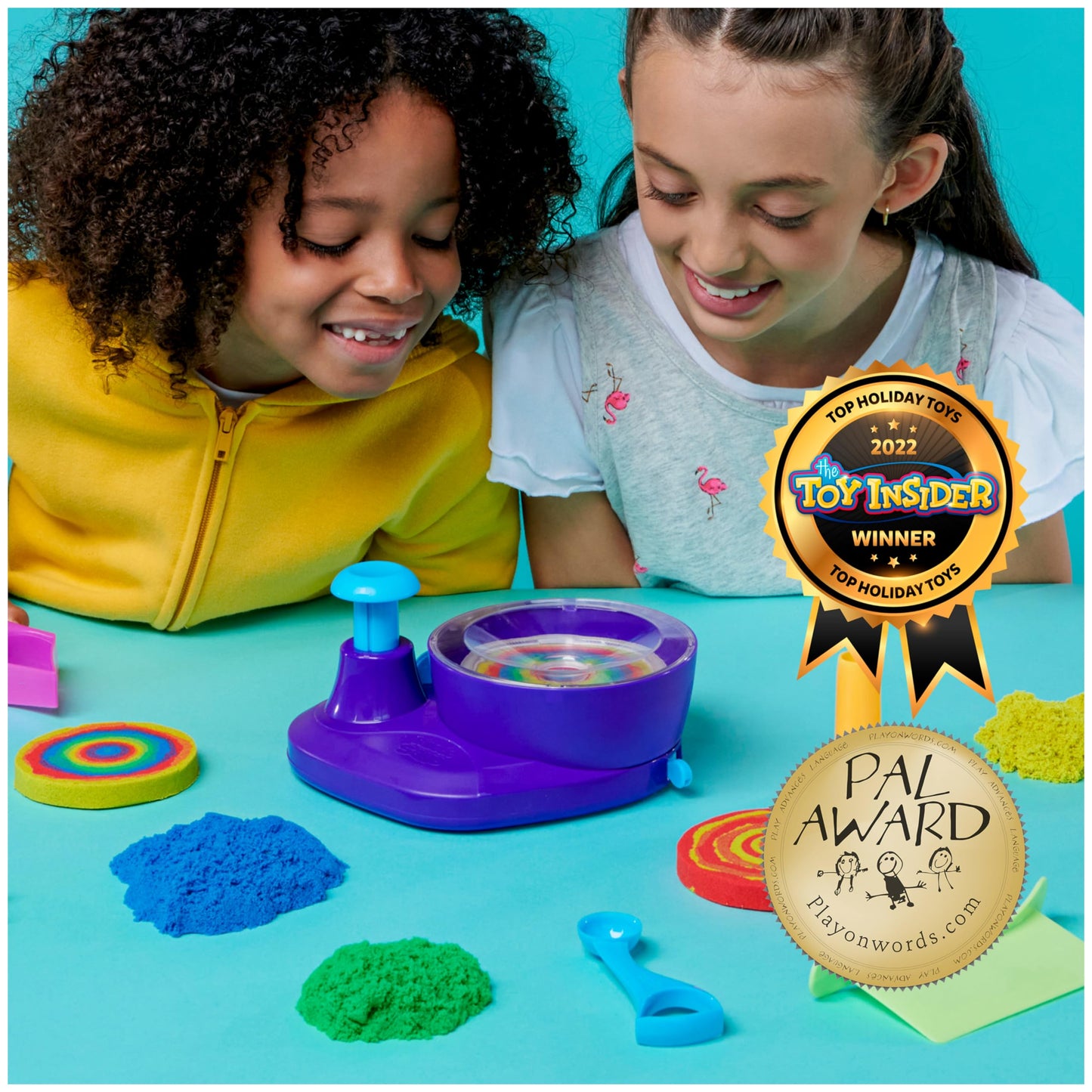 Kinetic Sand, Swirl N’ Surprise Playset with 2lbs of Play Sand, Including Red, Blue, Green, Yellow and 4 Tools, Sensory Toys for Kids Ages 3 and up