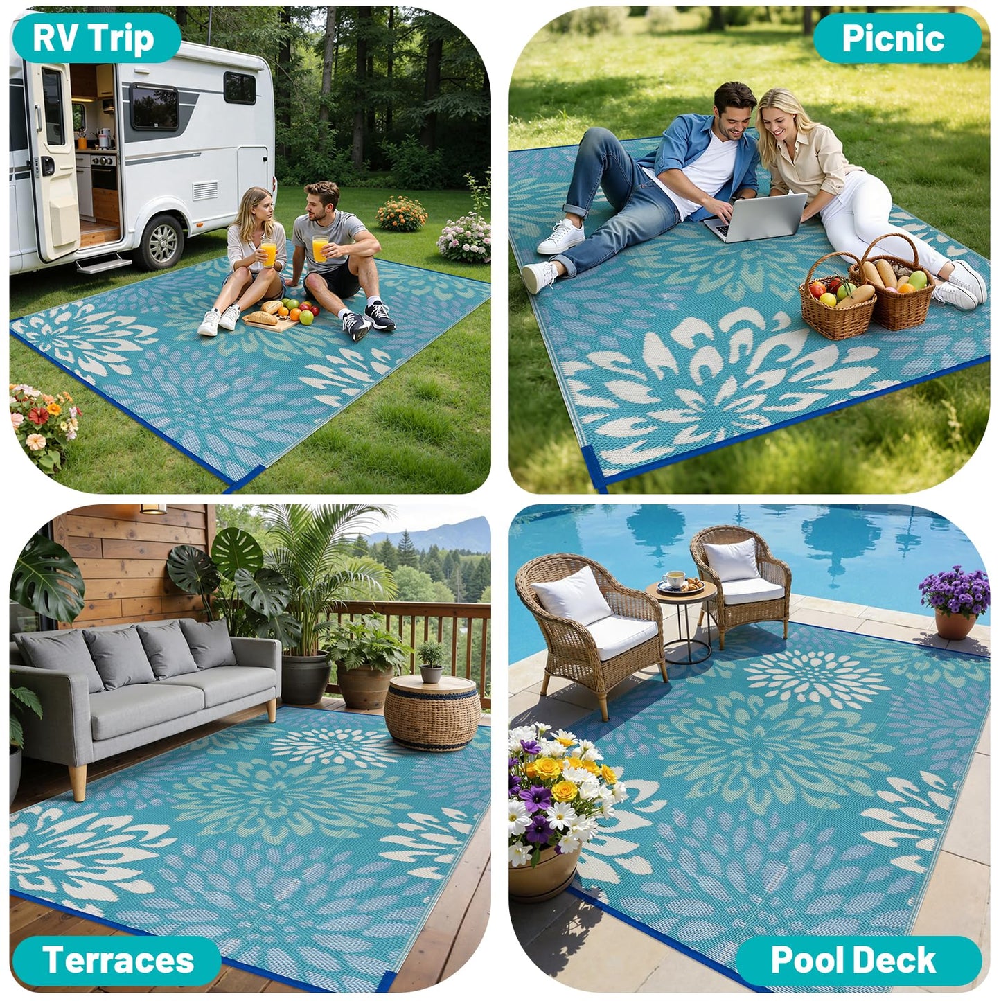 HEBE Outdoor Rug 8x10 ft Reversible Outdoor Area Rug Waterproof Patio Rug Mat Portable RV Camping Rug Modern Abstract Plastic Straw Carpet for Picnic Beach Balcony Pool Deck