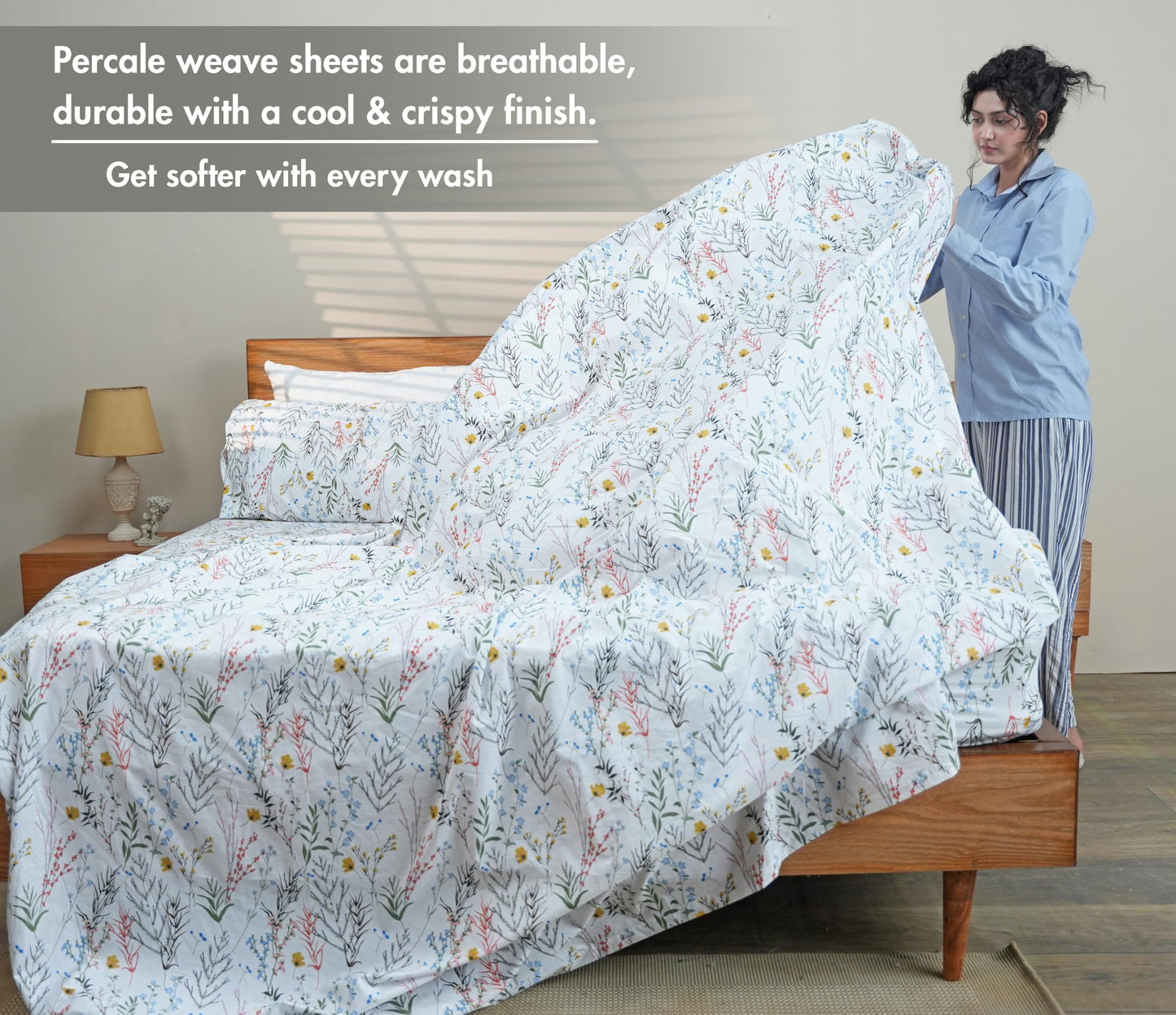 RUVANTI 100% Cotton Sheets – King Size Percale Bedding, Cooling & Breathable Floral Design, Durable with a Crisp, Soft & Comfortable Feel, 16" Deep Pocket, 4-Piece Set, Aroma