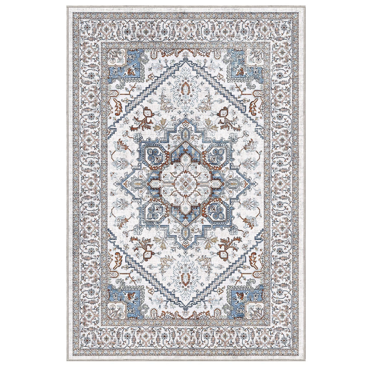 OPPODREAM Soft Neutral Area Rug 5x7, 5x7 Rugs for Living Room, Washable Rugs for Bedroom with Non Slip Backing, Faux Cashmere Low-Pile 5 x 7 Carpet, Grey & Blue & Cream