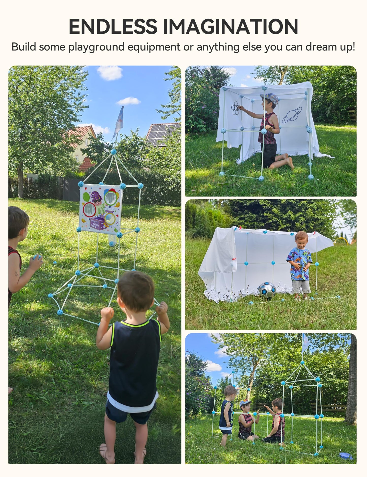 besrey Fort Building Kit for Kids with Toss Game, 144 Pcs 5 in 1 Creative Fort Toy, STEM Construction Toy, Outdoor Play Structure, Kids Outdoor Toys for 3, 4,5,6,7,8,9,10 Years,DIY Play Tent Tunnel