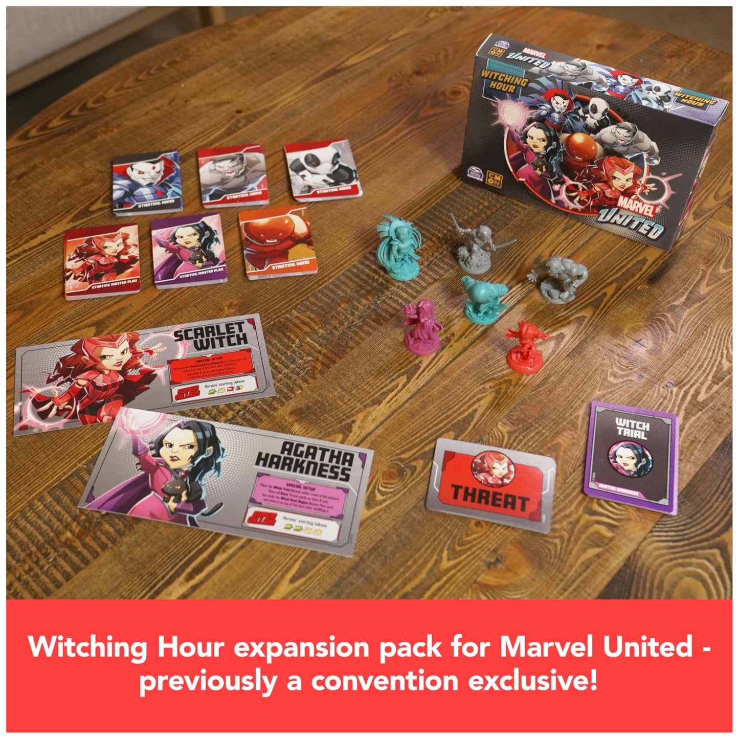 Spin Master Games, Marvel United: Witching Hour Expansion Pack with Scarlet Witch & Agatha Harkness Miniatures, Limited Edition Trade Show Exclusive, Board Games for Adults, 1-5 Players, Ages 14 & Up