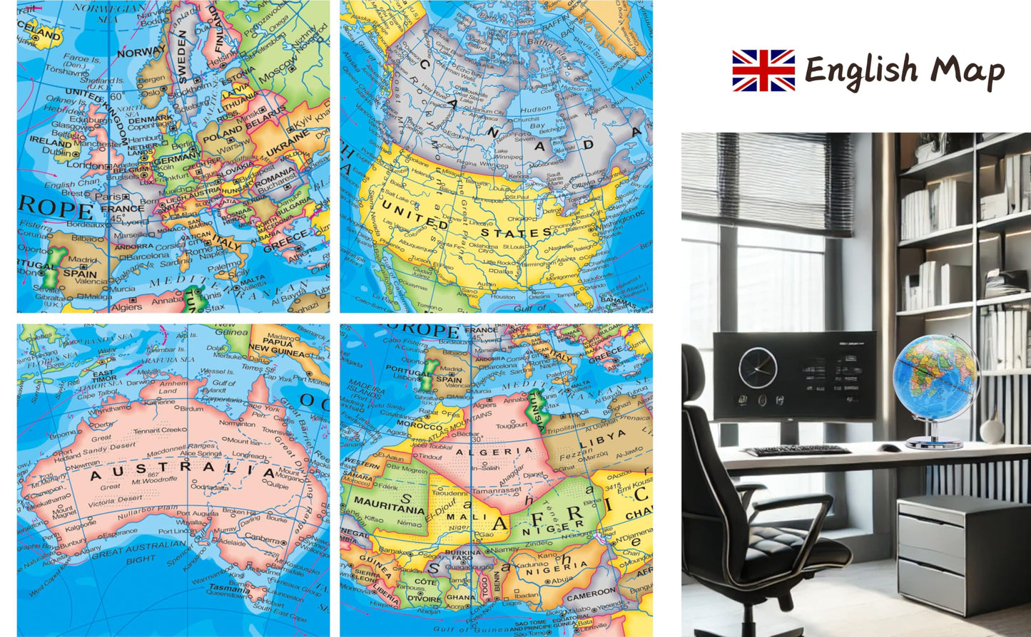 Exerz 20cm World Globe (8 Inch) – Political Map in English, Educational Geography Tool for Kids & Students, Rotating Desk Display with Stainless Steel Base for Home Office