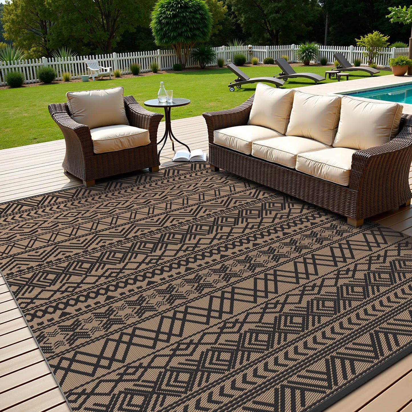 MontVoo-Outdoor Rug 6x9ft Waterproof Outdoor Carpet Patio RV Camping Rug-Outdoor Area Rug Mat for Portable Boho Rugs Deck Picnic Backyard Porch Beach Brown