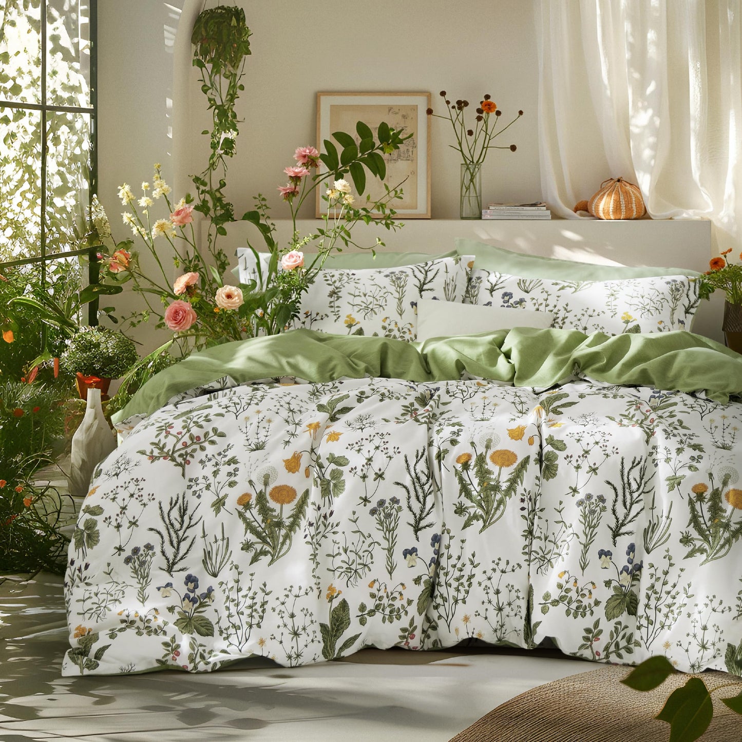 Bedsure Duvet Cover Queen Size - 100% Cotton Reversible Floral Queen Duvet Cover Set with Zipper Closure, 3 Pieces Soft & Breathable Green Bedding Set with 2 Pillow Shams 20"x26"
