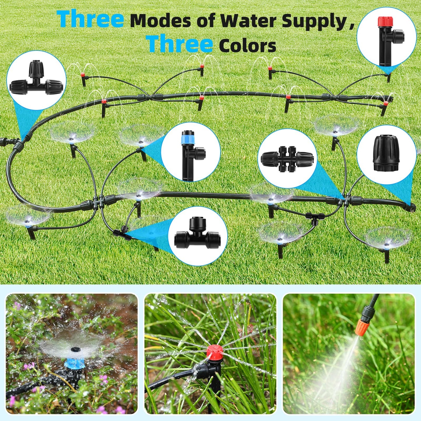 234FT Drip Irrigation System - Garden Watering System with Adjustable Three Spray Patterns with 1/2" Main Tube and 1/4" PE Distribution Tubing for Plants in Gardens, Raised Beds, Greenhouses, Lawns