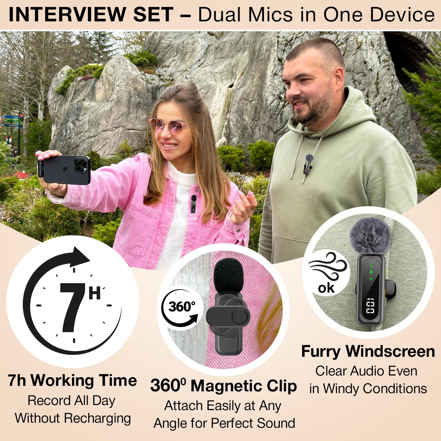Wireless Lavalier Microphone for iPhone Mini Mic Android/Tablet/PC Video Recording Clip-on Mics with Rotatable Clip&Denoise Recording, Ideal for Vlog Tiktok YouTube Podcast Content Creator