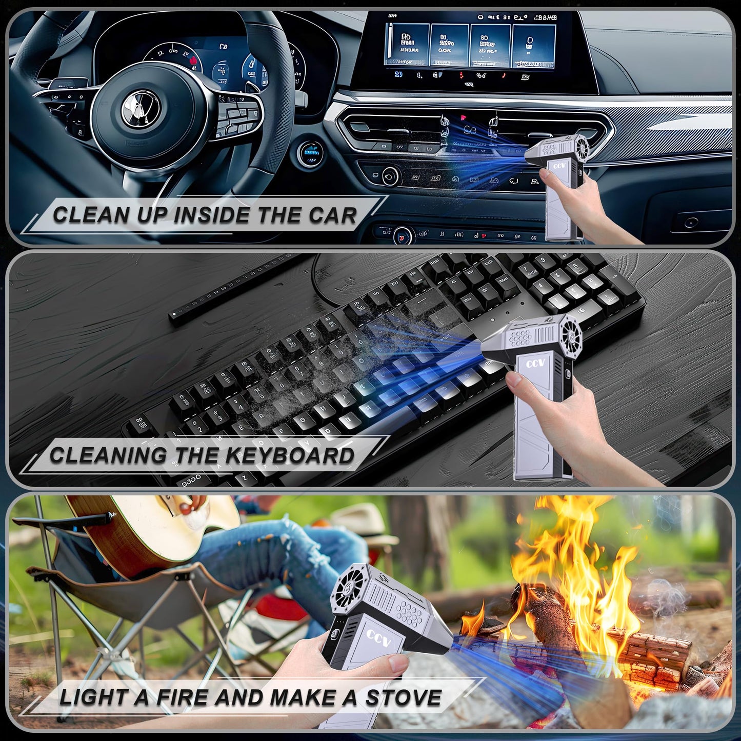 CCV Compressed Air Duster - 150000RPM Electric Air Duster for Cleaning Keyboard&PC 3 Gears Adjustable Rechargeable Cordless Jet Dry Blower Air Blower for Car and Home (F33-Pearl Blue)