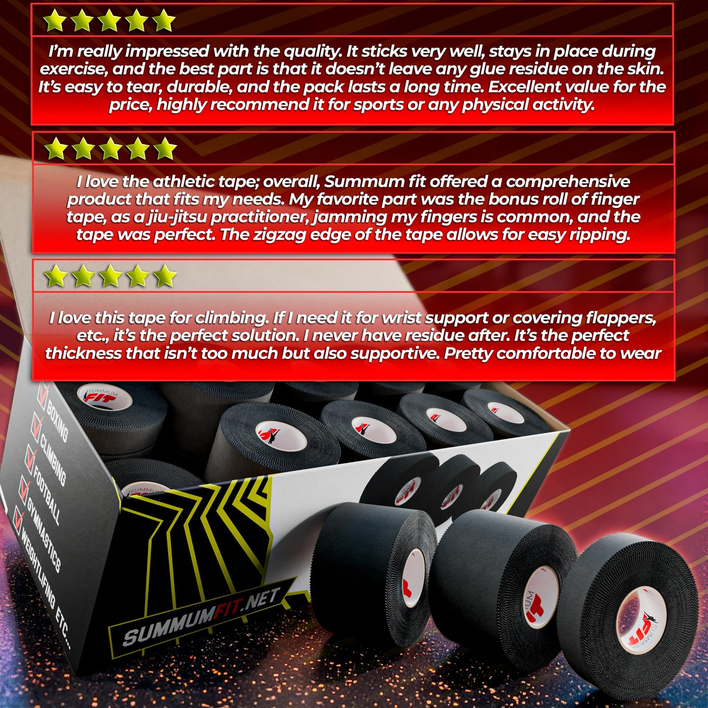 Summum Fit Black Athletic Tape Extremely Strong: 24 Rolls + 6 Finger Roll. Easy to Apply & No Residue. Sports Tape Athletic for Boxing Football Climbing or Gymnastics for Wrist Ankle & Hand Protection
