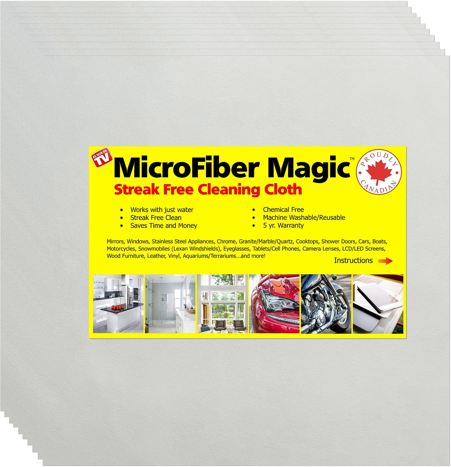 Microfiber Magic™ Streak Free Cleaning Cloths - White - Large 16 x 16 Perfect for Window, Mirror, Kitchen Counter, Appliances, Car, Cycle, TV (10)