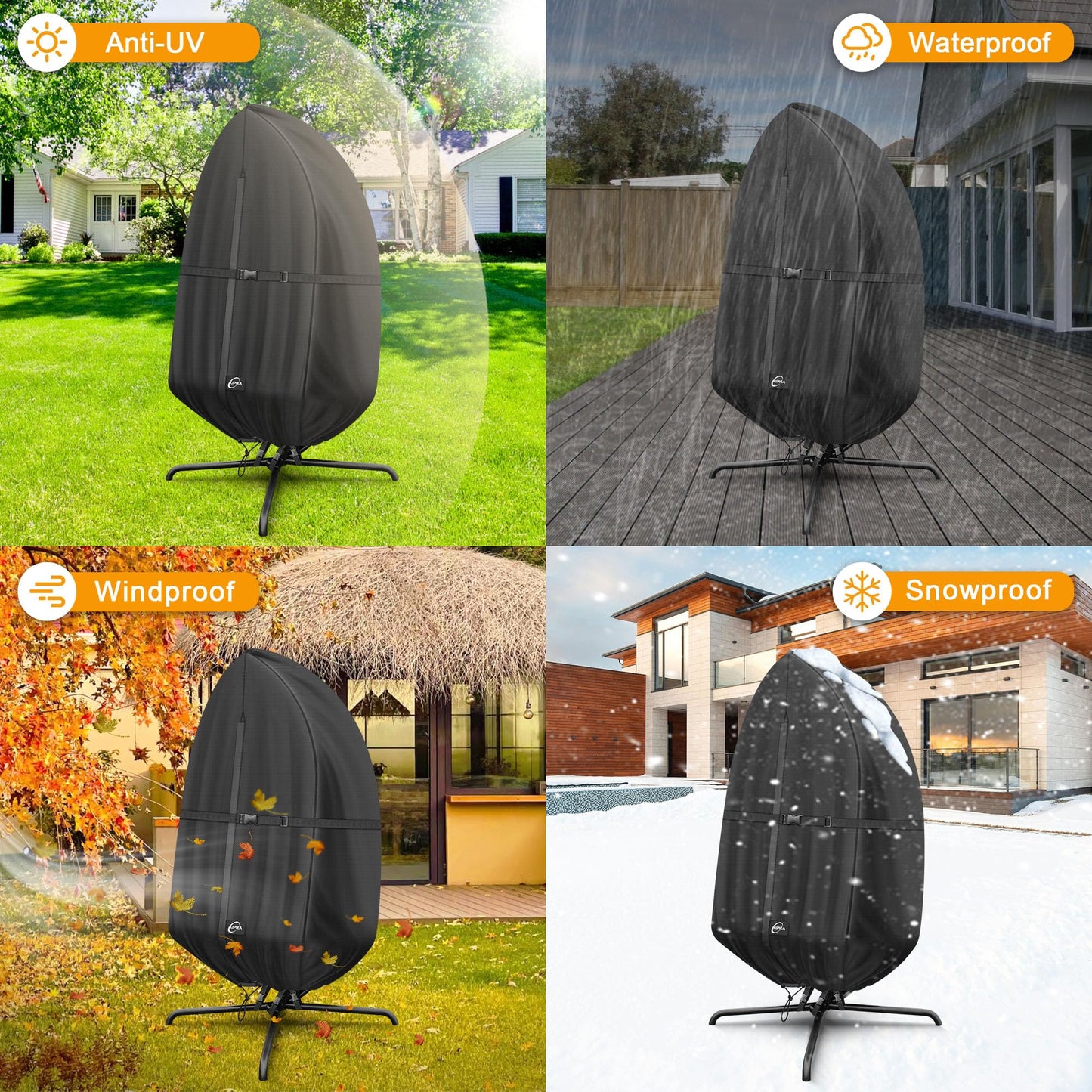 Kipiea Patio Egg Chair Covers Waterproof, Upgraded Outdoor Hanging Egg Chair Covers with Waterproof Zipper, 420D Single Seat Swing Chair Cover, Windproof, Anti-UV, No Tears ( Up to 45" W x 75"H )