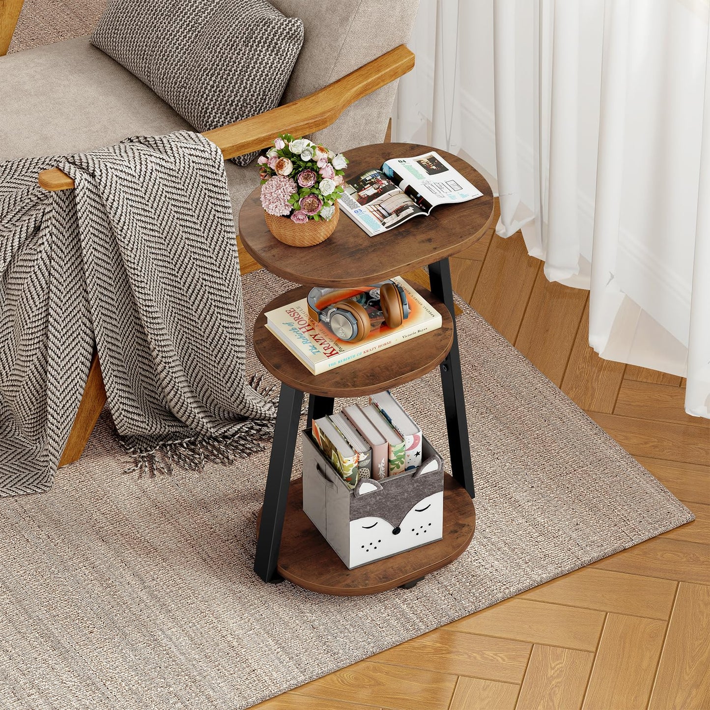 Kalrin Side Table, Small End Table with Metal Frame, 3-Tier Bedside Table, Round Side Table for Living Room Bedroom Couch Bathroom, Oval, Vintage Brown
