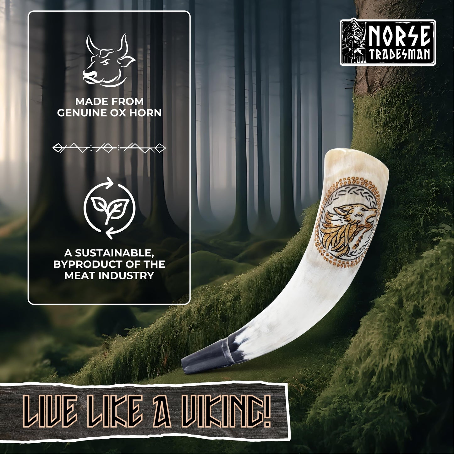 Norse Tradesman Viking War Horn – 12" Blow Horn Battle Trumpet Crafted from Authentic Premium Ox Horn – Hand Engraved with Norse Wolves – A Stirring Piece of History – "The Howler"