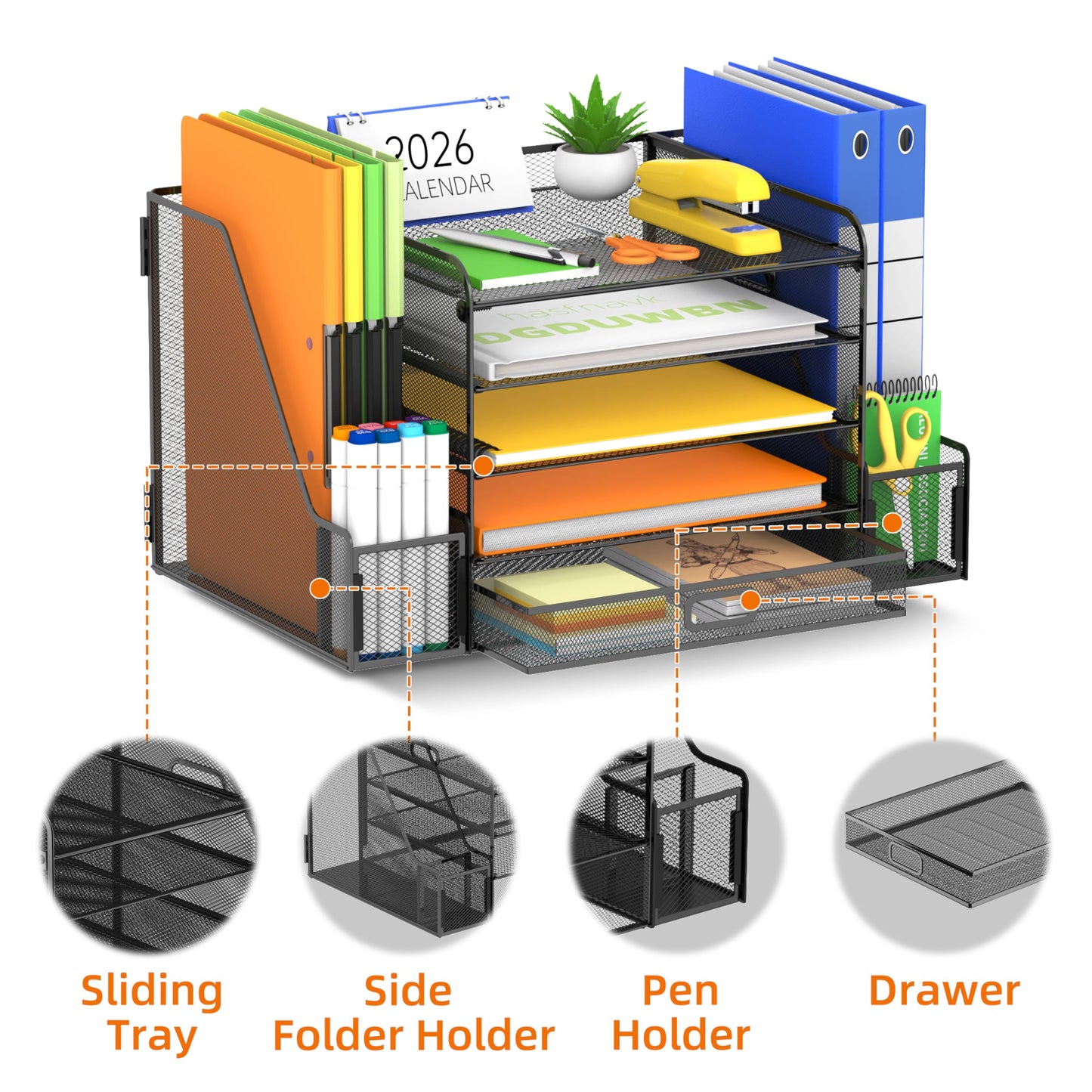 SUPEASY Mesh Desk Organizer with File Holder 5-Tier Paper Letter Tray Organizer with Magazine Holder Desktop Organizer and Storage with Upright Sections for Office Supplies Home or School (Black)