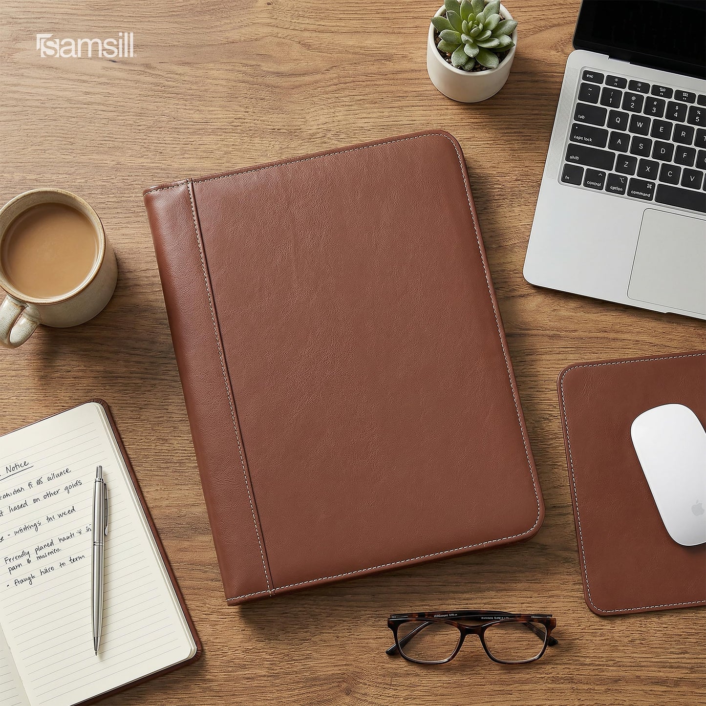 Samsill Contrast Stitch Leather Portfolio, 8.5 inch x 11 inch Writing Pad, Brown/Tan
