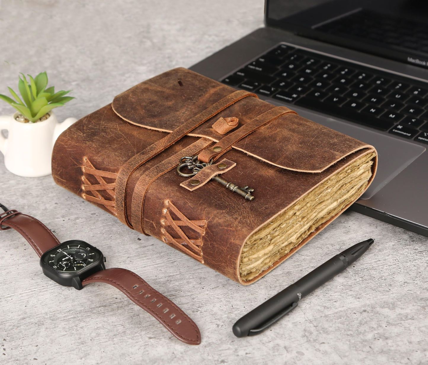 Leather Journal with Deckle Edge Paper 8x6 inch and Vintage Key/Handmade Writing Notebook Diary/Bound Daily Notepad for Men & Women Medium, Sketch/Writing pad for Artists