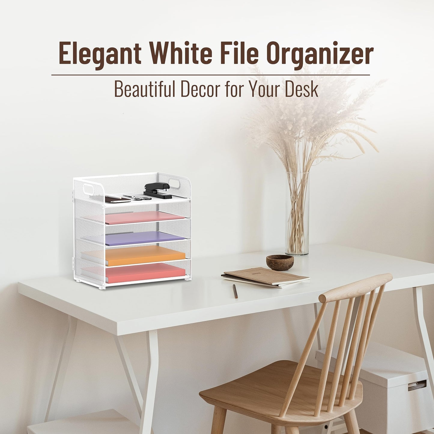 Supeasy 5 Trays Paper Organizer Letter Tray with Handle-Mesh Desk File Organizer, Paper Sorter for Office, Home or School, White