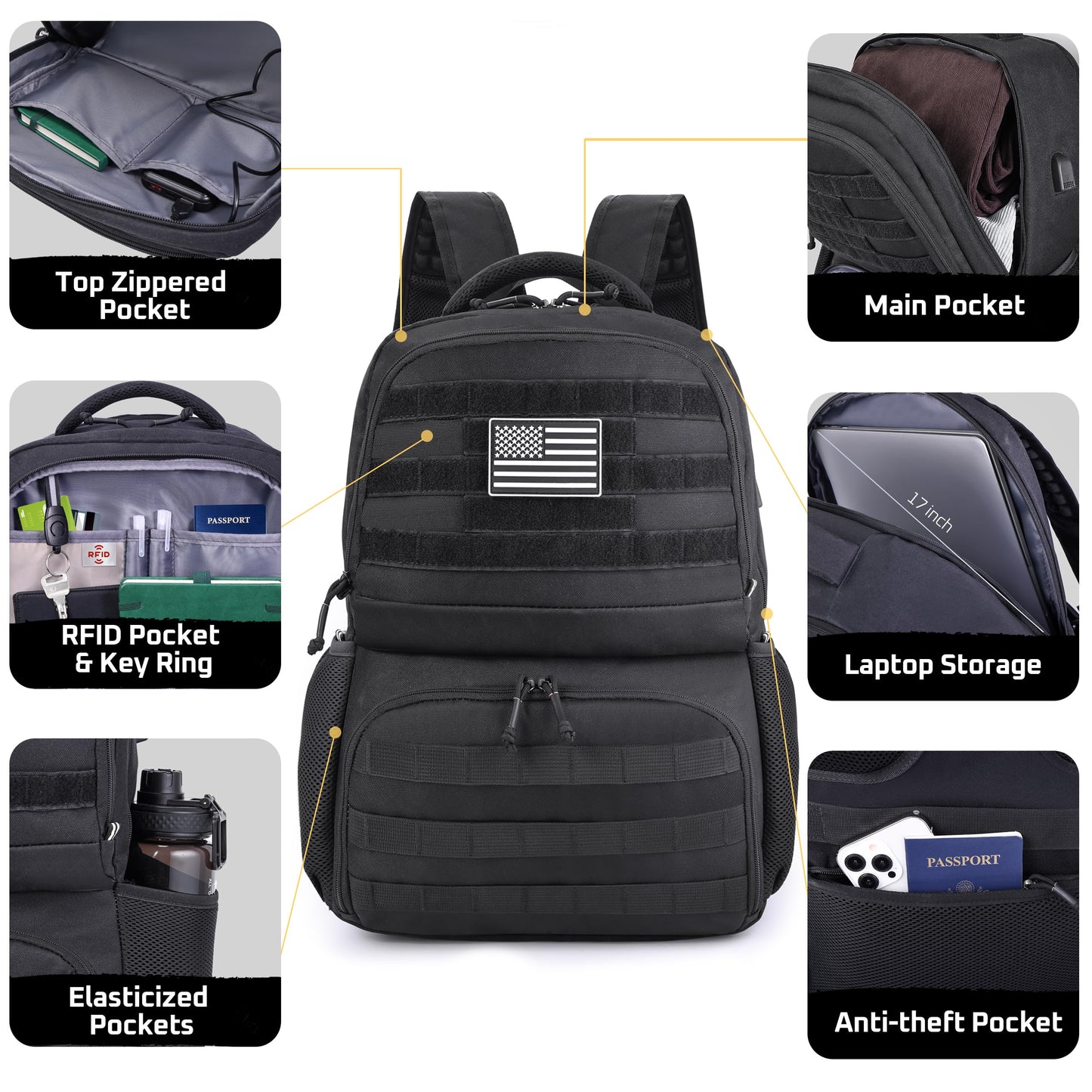 MOZETO Laptop Lunch Backpack for Men, Tactical Inspired Utility Anti-Theft Waterproof 17inch Laptop Work Bag with Cooler Compartment Lunchbox