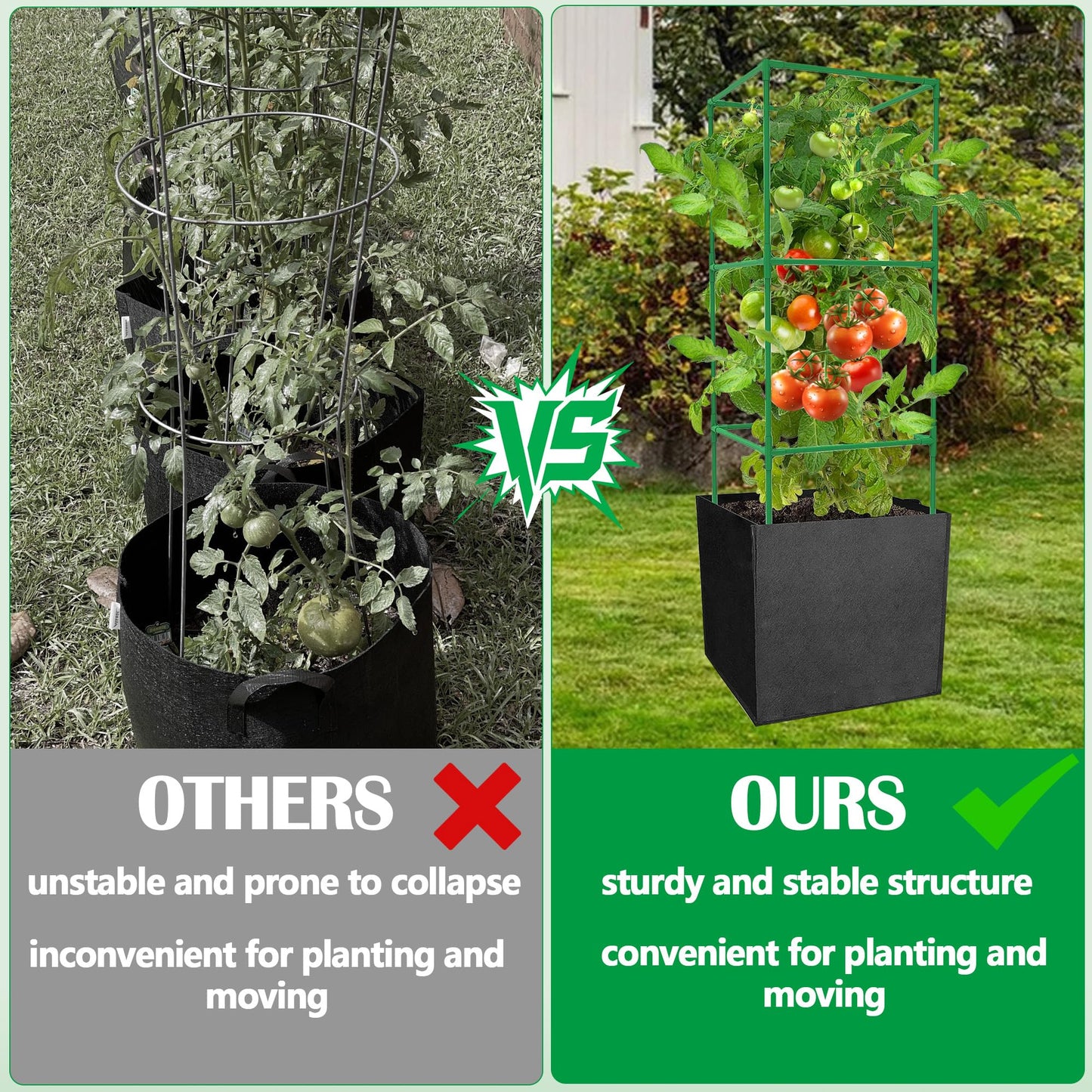 3 Packs 47 x 16 x 16 Inch Garden Tomato Cages with 17.7 Gallon Grow Bags- Square Plant Support Trellis Assembled with Felt Planter Bags- Garden Cucumber Vegetables Frames for Vertical Climbing Plants
