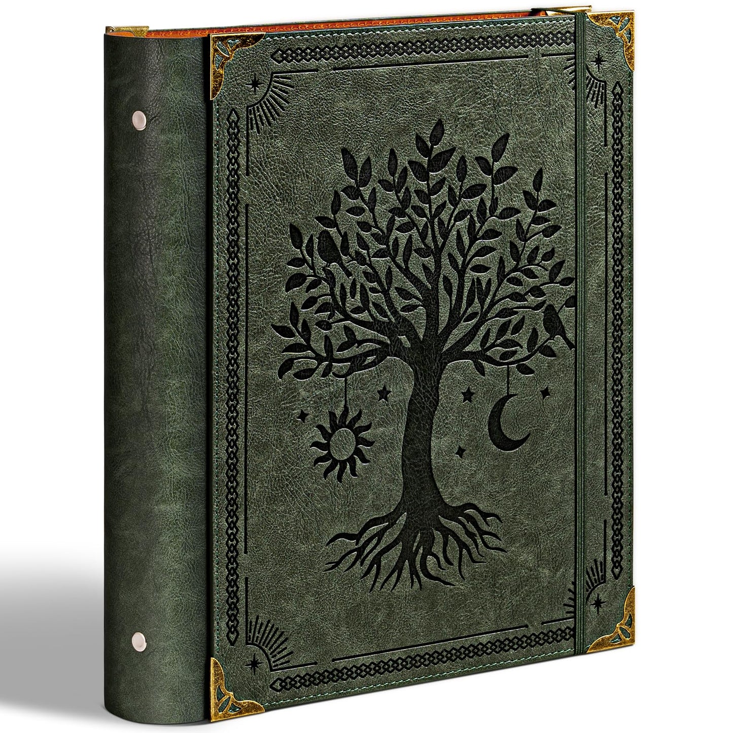 Ovesmusl Leather 3 Ring Binder Fits 8.5"x11" Letter Size Paper, 2 Inch Round Ring Binder Holds 500 Sheets, Notepad Paper Cover Loose Leaf Organizer, Green Tree