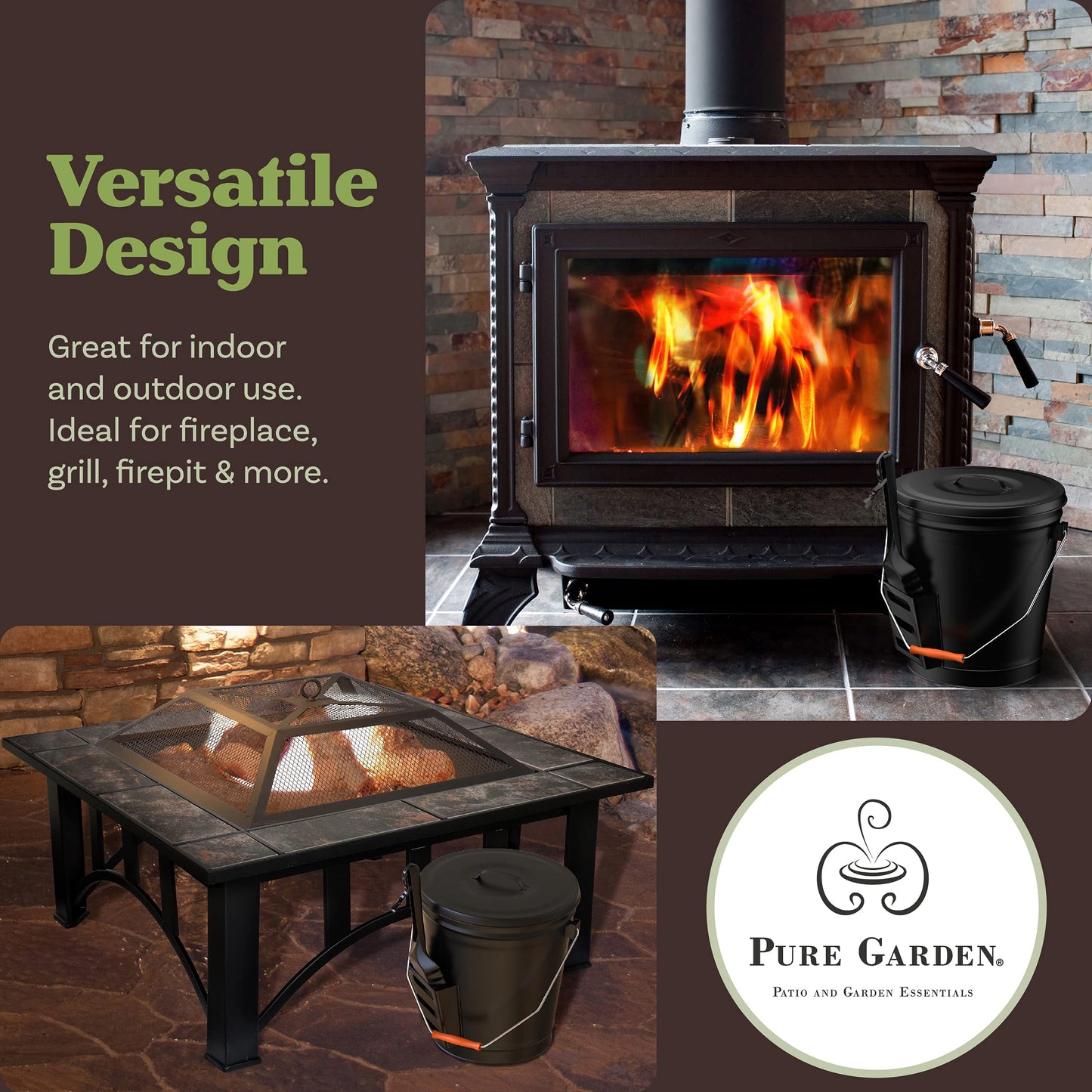 Pure Garden 50-210 4.75 Gallon Black Ash Bucket with Lid and Shovel-Essential Tools for Fireplaces, Fire Pits Wood Burning Stoves-Hearth Accessories