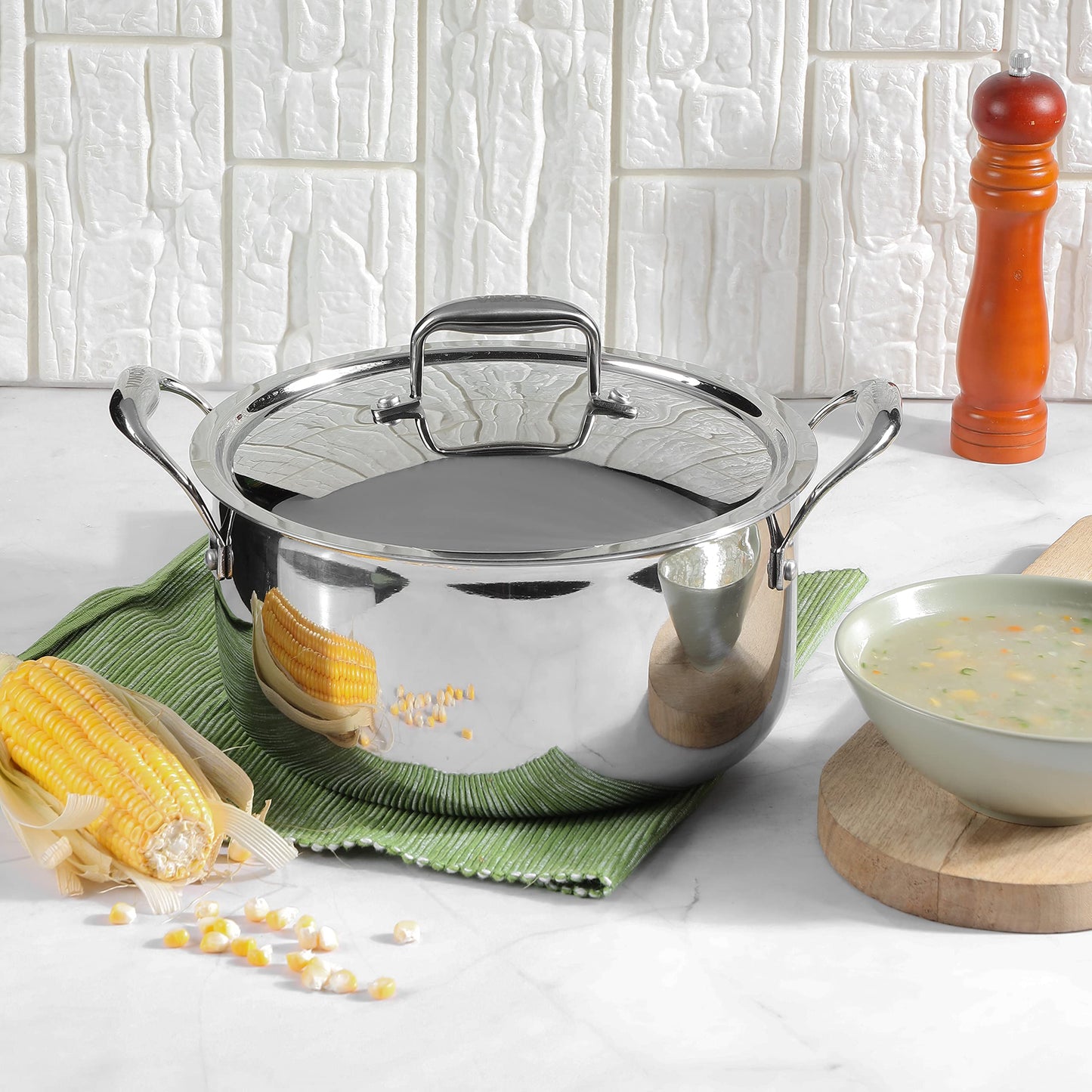 Vinod Platinum Triply Stainless Steel Stewpot with Lid, 7.2 Qt, 26 cm | Riveted Handles | Induction & Gas Stove Compatible | Deep Stockpot for stews, Curries, Soups & One-Pot Meals