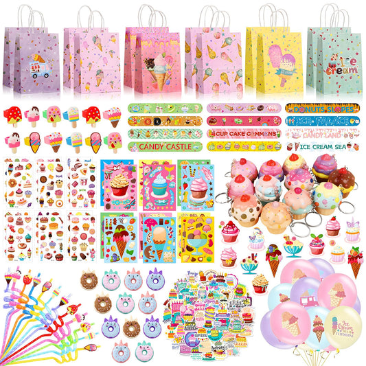 158pcs ice cream cake party favors return gifts for kids birthday party ice cream party decorations balloons Make a Face Stickers Keychain Stickers tattoo sticker ring birthday party supplies For Girl