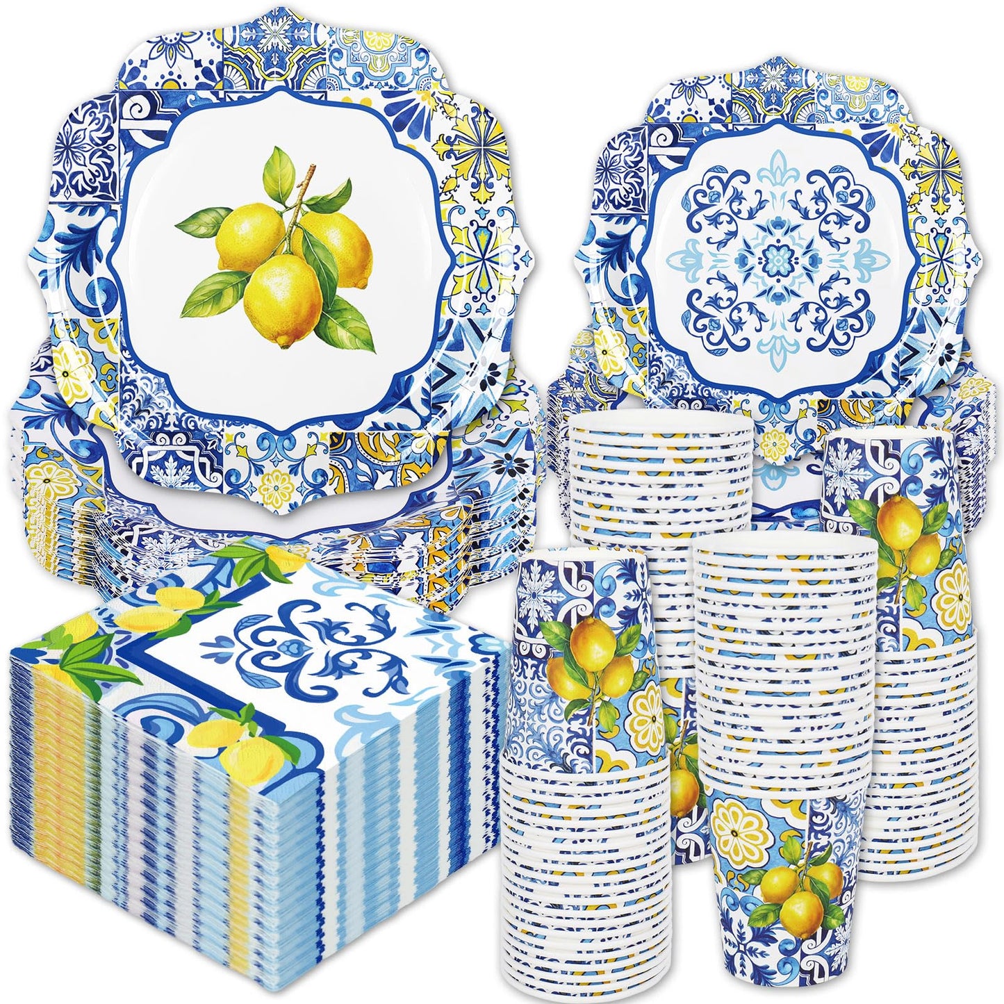 Whaline 96Pcs Capri Lemon Tableware Set Blue Tiles Yellow Lemon Disposable Dinnerware 24 10'' Plates 24 7'' Plates 24 Napkins 24 9oz Cups for Summer Birthday Party, Serves 24