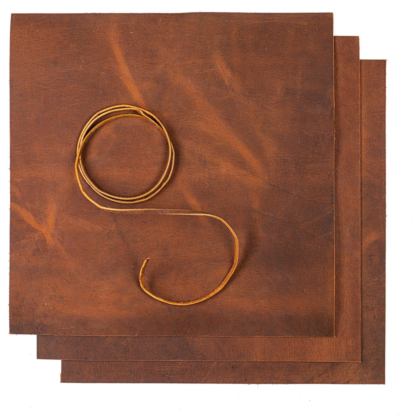 Wanderings Leather Sheets for Leatherworking - Three 12" x 12" (30x30cm) Squares and One 36" (91cm) Cord - Genuine Full Grain Buffalo Leather - Great for Jewelry, Wallets, Arts and Crafts