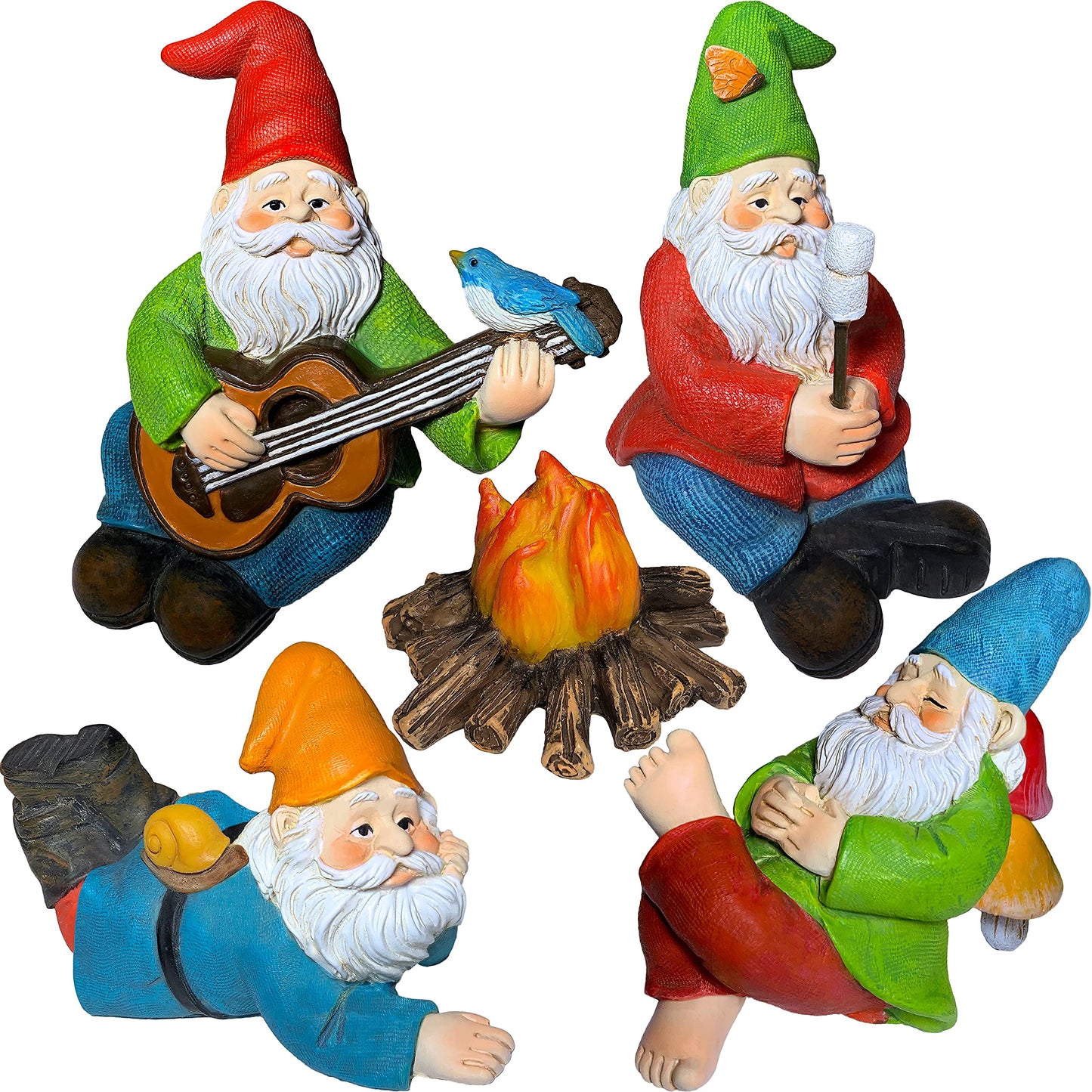 Mood Lab Miniature Garden Gnomes - Camping Gnome Figurines & Accessories Set (5 pcs) 2.6" H - Indoor Outdoor Garden Decor