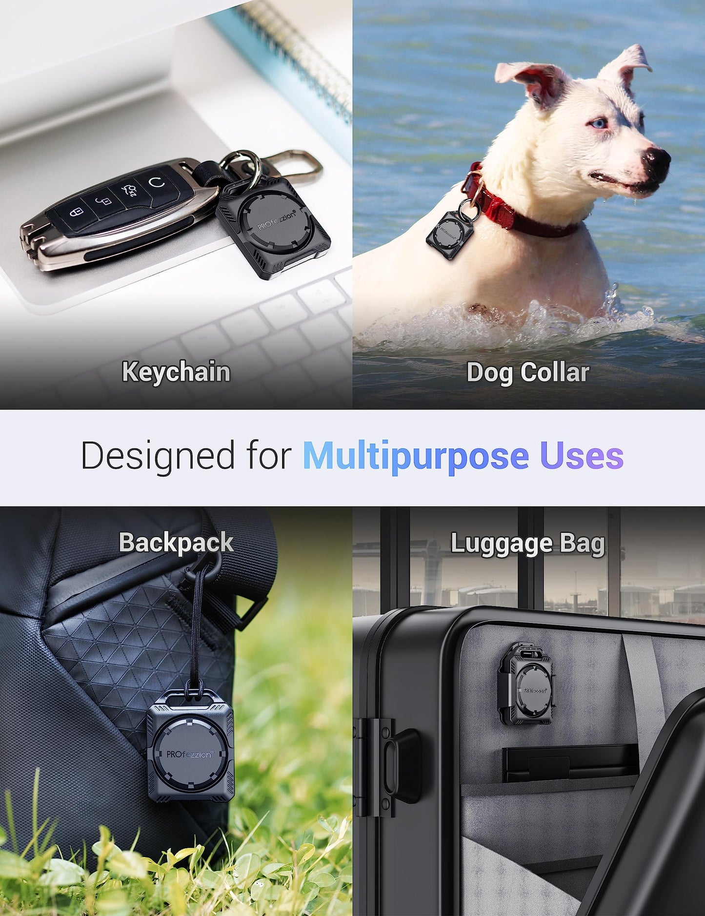 PROfezzion 4-Pack Secure Air Tag 2nd & 1st Gen Holder Case with Key Ring, 3M Adhesive Mount & Loop Strap for Keychain, Dog Collar, Backpack, Luggage Bag & More, IPX8 Waterproof, Full Cover & Discreet