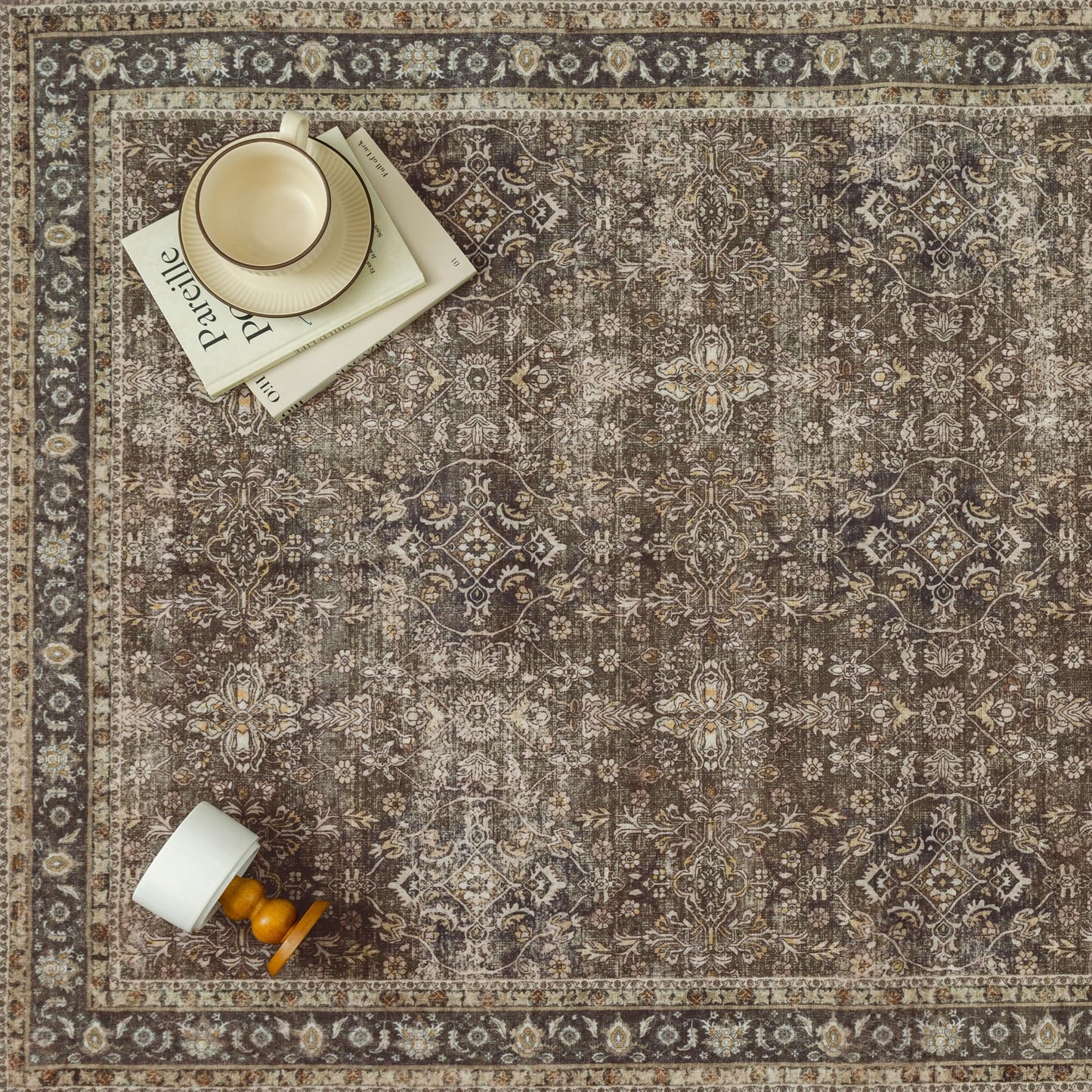 PureCozy Brown Area Rug 5x7 Living Room Machine Washable Vintage Carpet Non Slip Indoor Retro Traditional Accent Throw Large Rug for Office Kitchen Bedroom Dining Room