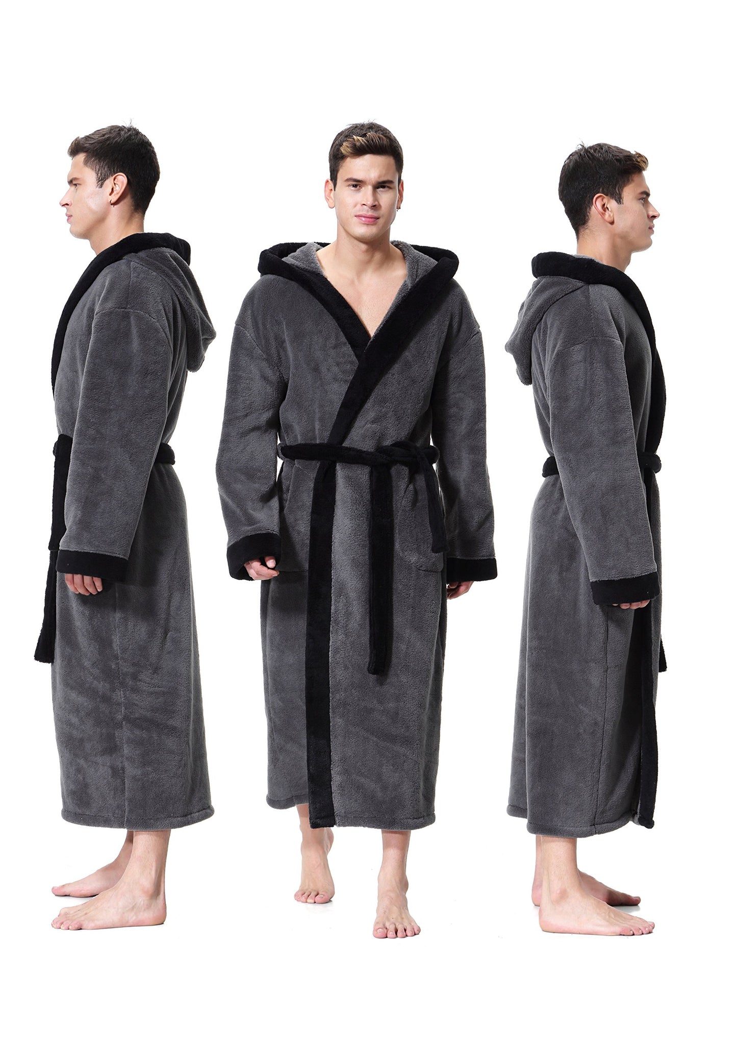 OUFANG Men's Hooded Bathrobe in 2 Colored Soft Spa Kimono Shawl Collar Hooded Long Robe Unisex