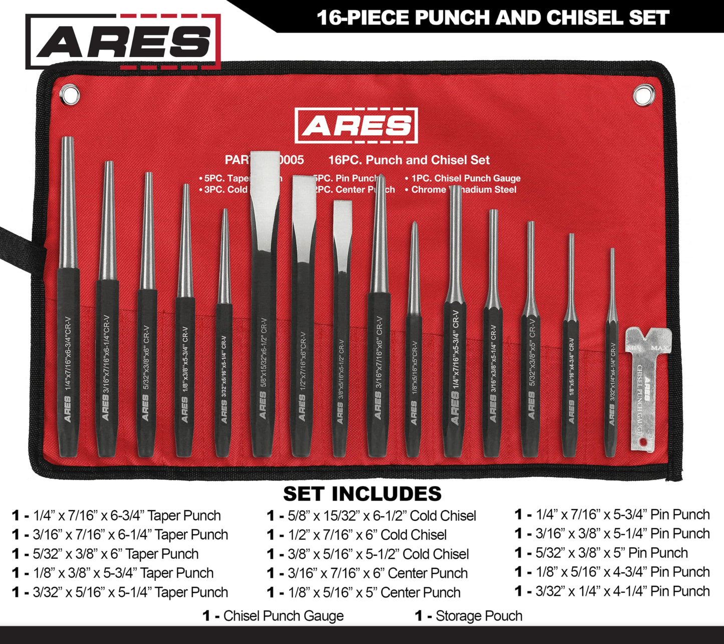ARES 50005-16-Piece Punch and Chisel Set - Tapered, Pin, Center Punches & Cold Chisels for Various Applications