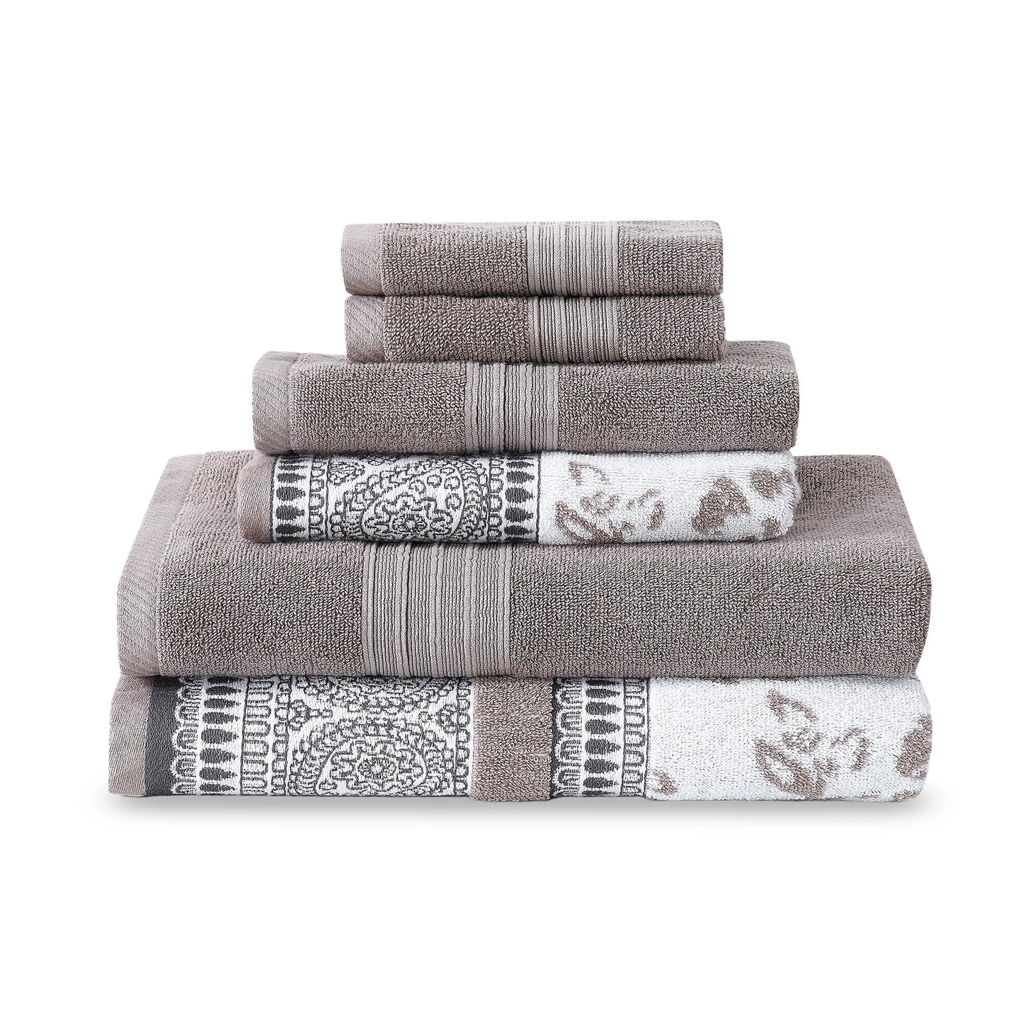 Modern Threads 6 Piece Set, 2 Bath Towels, 2 Hand Towels, 2 Washcloths Yarn Dyed Jacquard/Solid Towel Set Ophelia Fawn