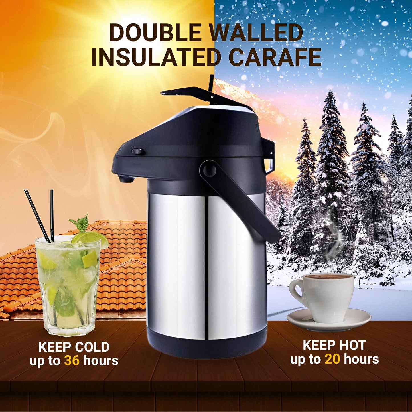 Insulated Thermal Coffee Carafe, 102oz (3L), Stainless Steel, Airpot Coffee Dispenser with Pump for Hot/Cold Drinks