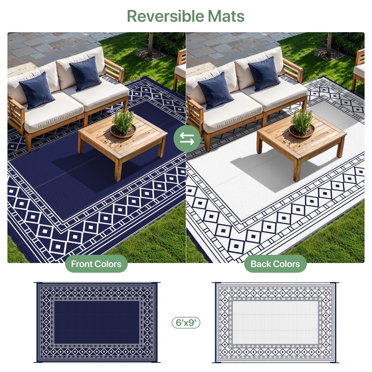GENIMO 6'x9' Outdoor Rug for Patio, Reversible Plastic Waterproof RV Rugs, Clearance Large Mat, Porch, Camping, Picnic, Deck, Camper, Balcony, Blue & White