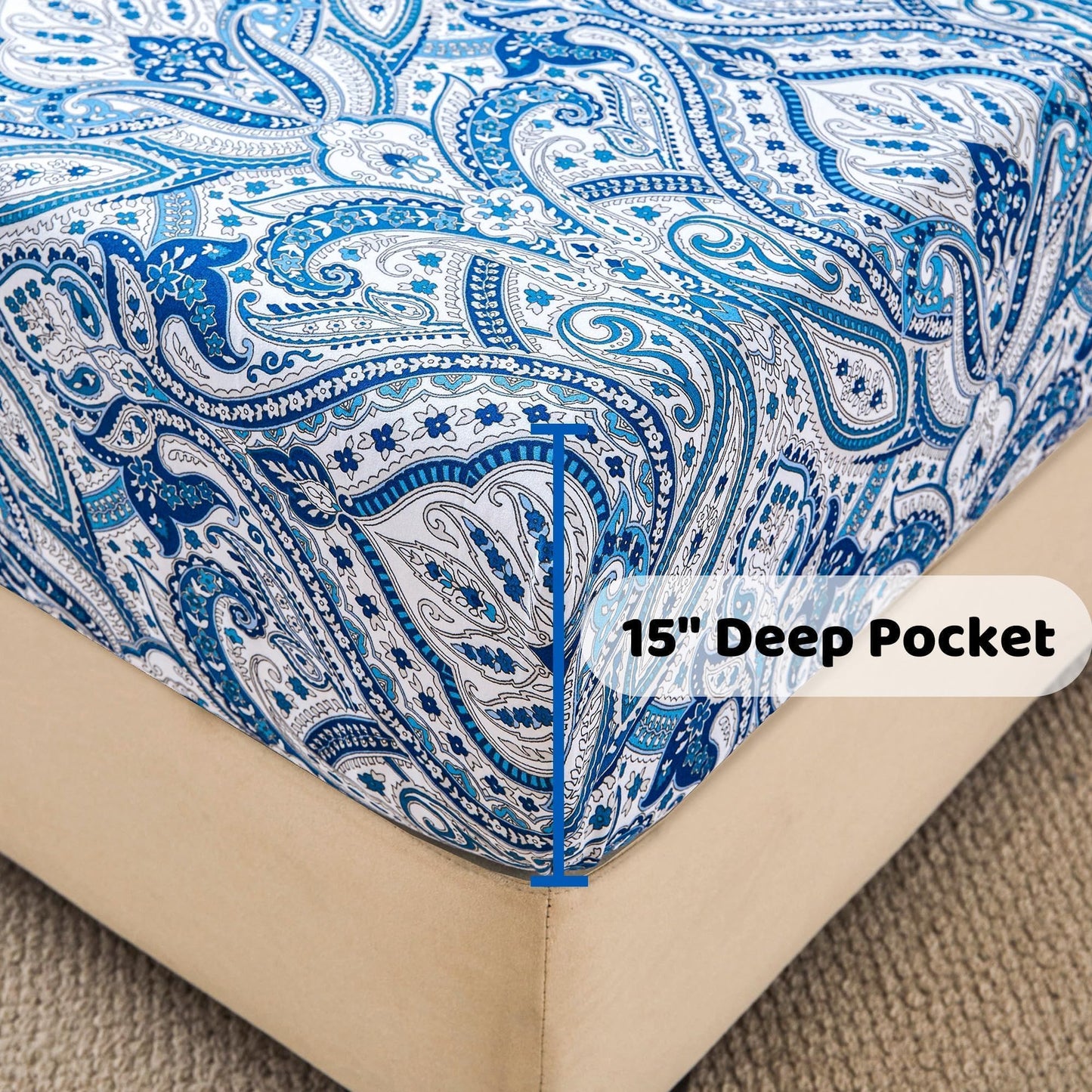 Blue Paisley Printed Bed Sheets Queen Size, Floral Sheet Set Queen, Brushed Microfiber Fitted Sheet with 15" Deep Pocket, Flower Sheet & Pillowcase Sets