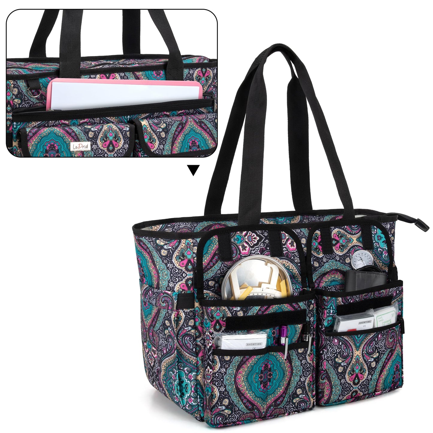 LoDrid Nurse Bag with Bottom Padded Pad, Nurse Bags for Work, with Separated Storage Laptop Layer (up to 15.6 Inch), with Large Compartment, Totem, Bag Only(Patented Design)