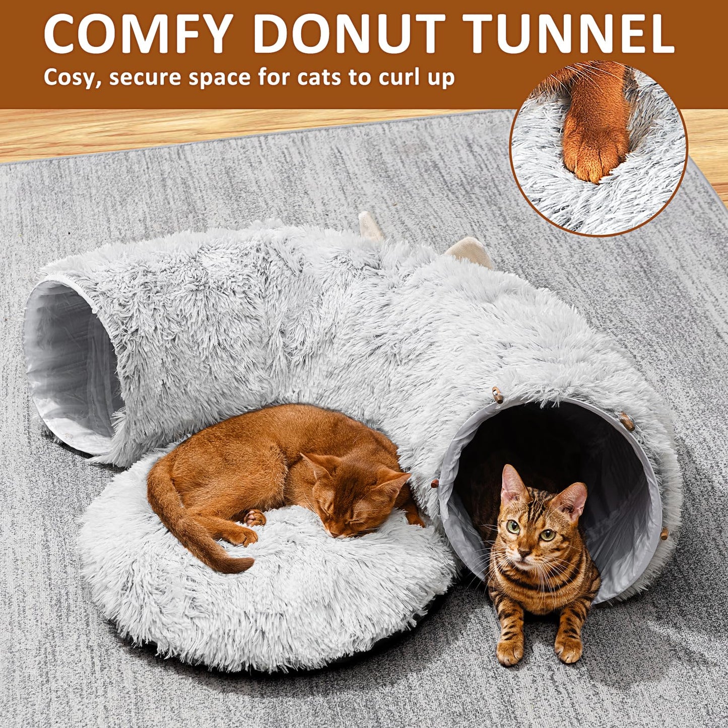 ZVBEK Cat Tunnel with Cat Bed for Indoor Cats, Under Christmas Tree Soft Plush Peekaboo Cat Cave Donut Tunnel, Multifunctional Cat Playground Toys Hideplace for Cats, Kittens, Rabbit, Ferret (Grey)