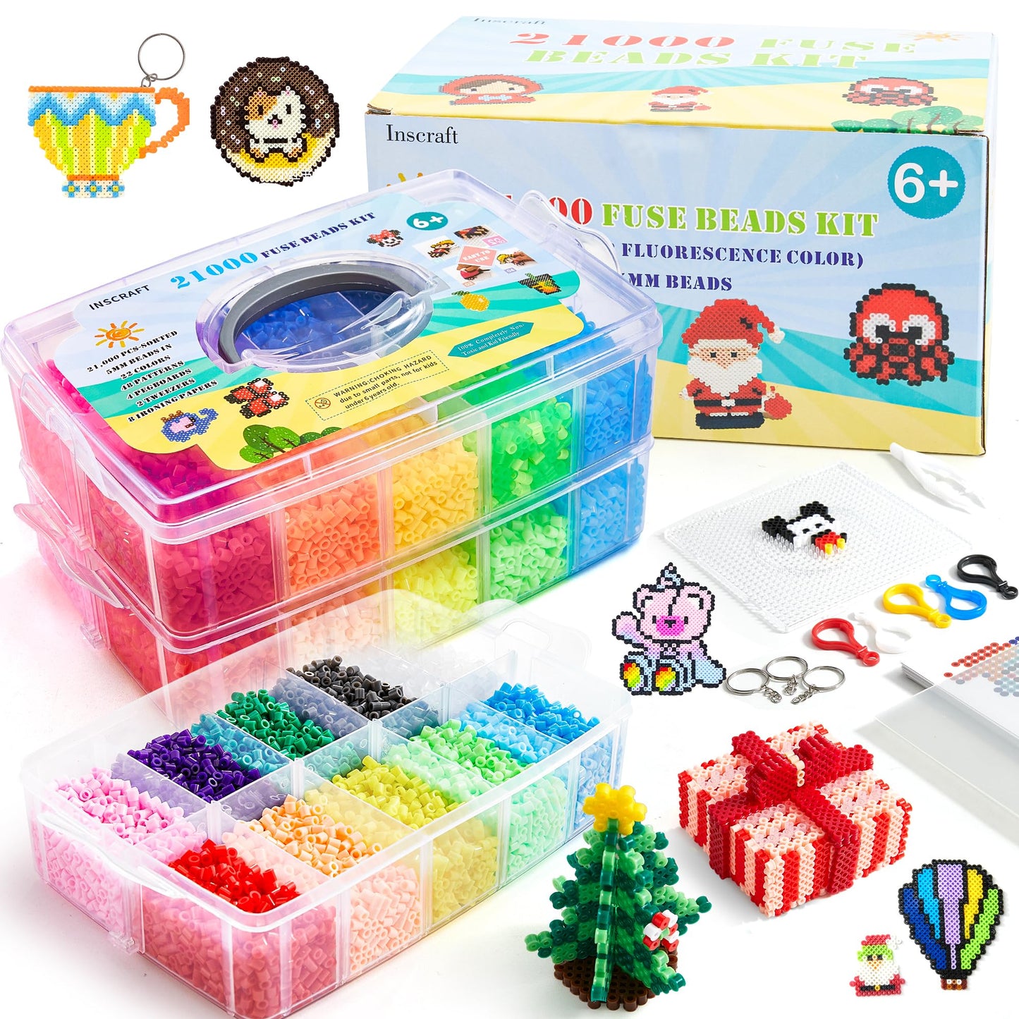 Fuse Beads, 21,000 pcs Fuse Beads Kit 22 Colors 5MM for Kids, Including 8 Ironing Paper,48 Patterns, 4 Pegboards, Tweezers, Beads Compatible Kit by INSCRAFT