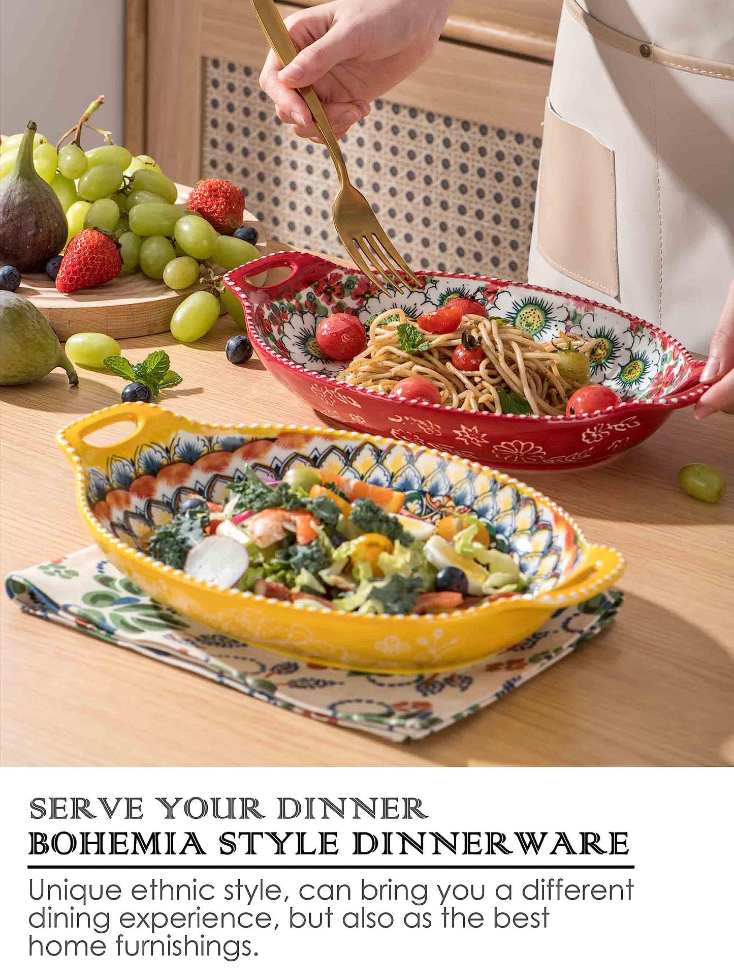 Henten Home Ceramic Pasta Bowls with Handle, Porcelain Floral Salad Bowls Set of 4, 32 oz Large Bohemia Serving Dish, Colorful Dinnerware Set, Microwave & Dishwasher Safe