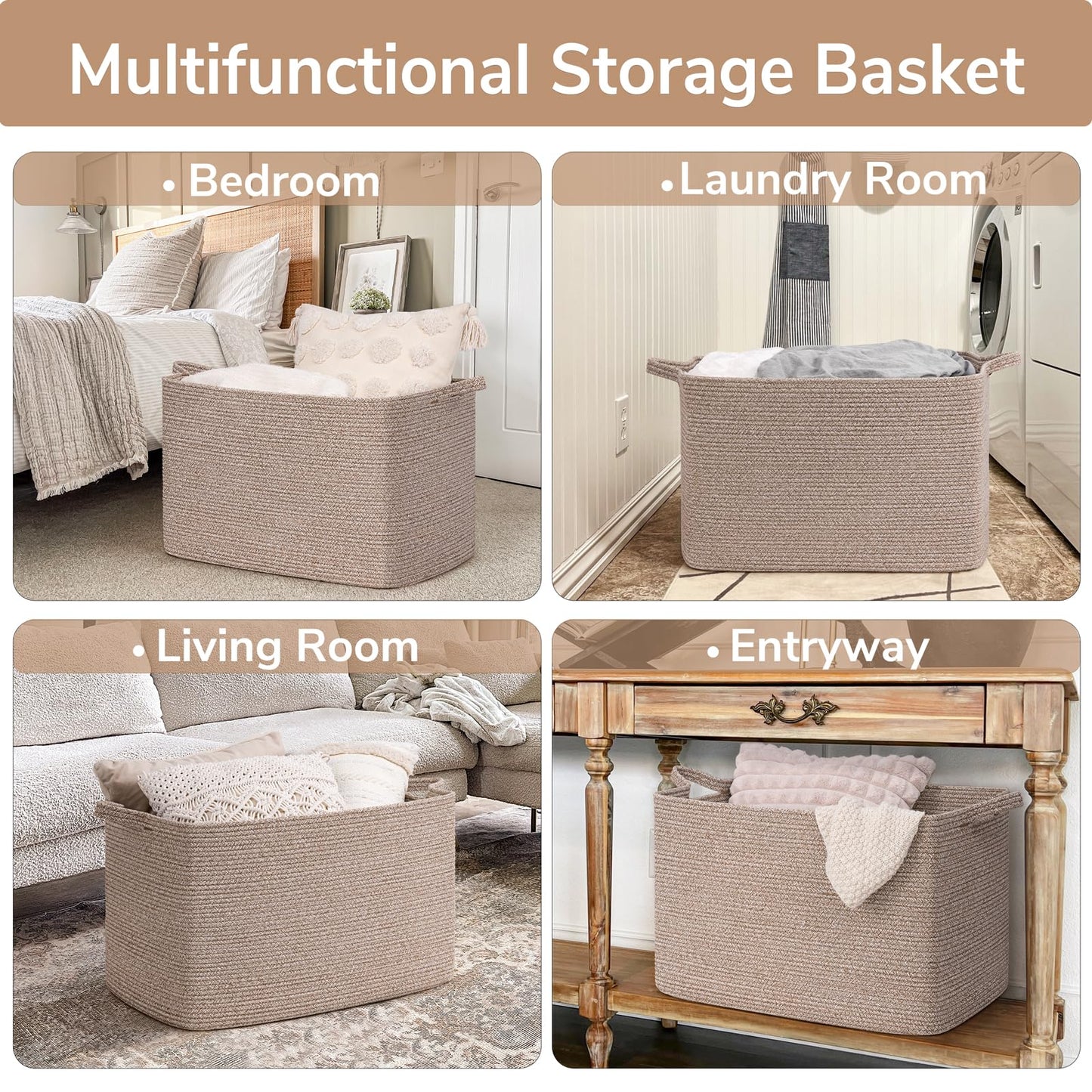 Goodpick 105L Large Woven Storage Basket, Rectangle Cotton Rope Basket for Blankets, Clothes, Storage Organizer for Living Room, 25"x16"x16", Brown