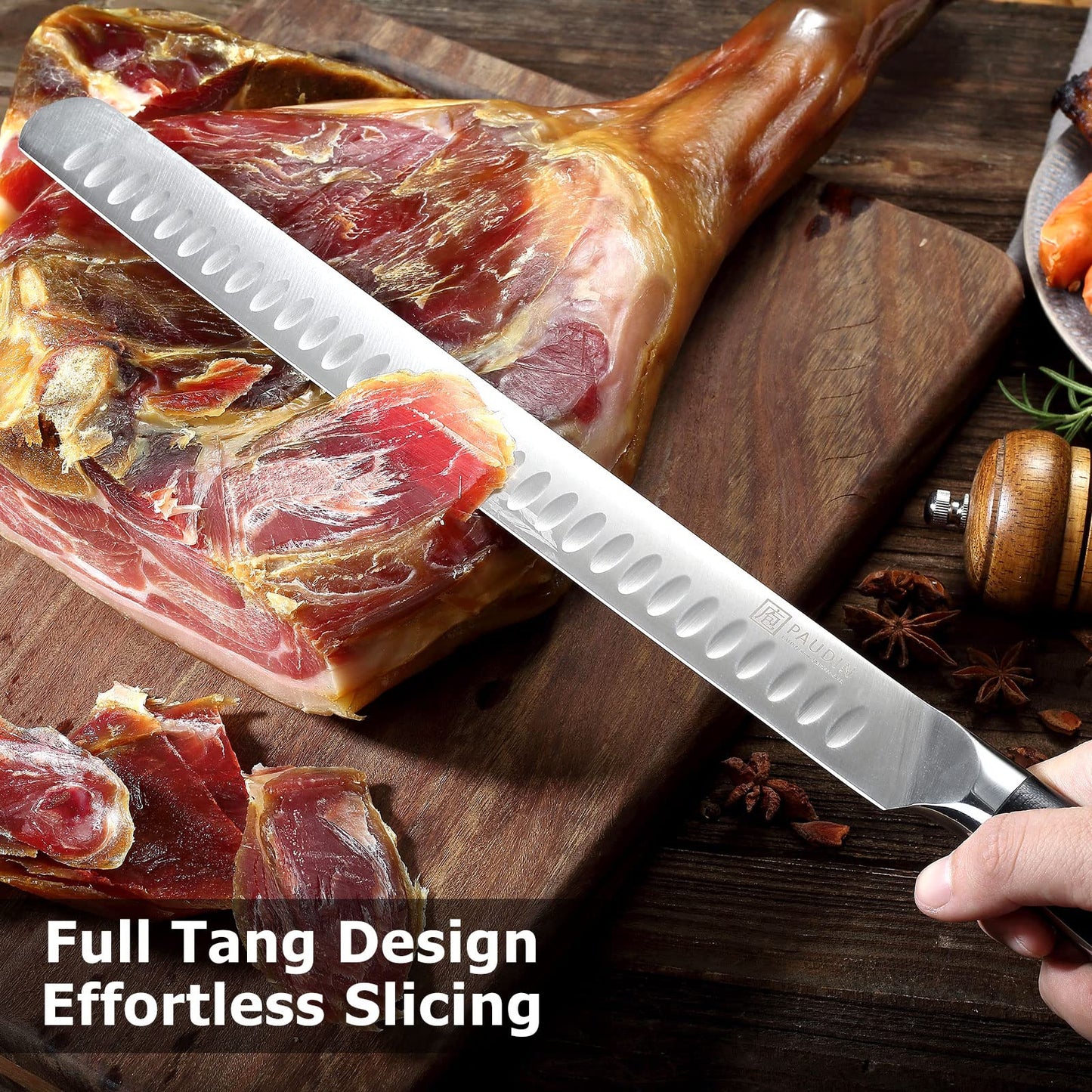 PAUDIN Carving Knife 12 Inch, Premium Brisket Knife, Full Tang Design with Granton Blade and Ergonomic G10 Handle, for Cutting Ham Roast Ribs Turkey, Ideal Gifts for Father's Day (Dishwasher Safe)