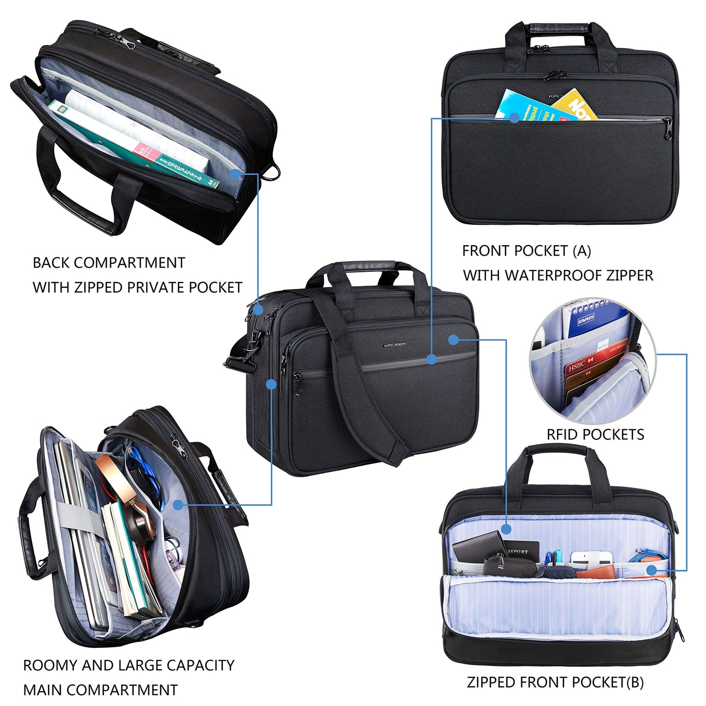 KROSER 17.3" Laptop Bag Premium Laptop Messenger Bag Fits Up to 17.3 Inch Laptop Shoulder Bag Expandable Water-Repellent Computer Bag with RFID Pockets for Travel/Business/School/Men/Women-Black