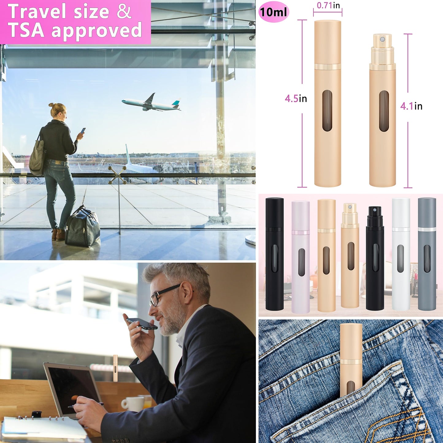 Travel Perfume Refillable Bottle Atomizer - Qavhun 10ml Leakproof Refillable Perfume Bottle, Fragrance Atomizer, Perfume Travel Spray Bottle (Black & Gold & Silver)